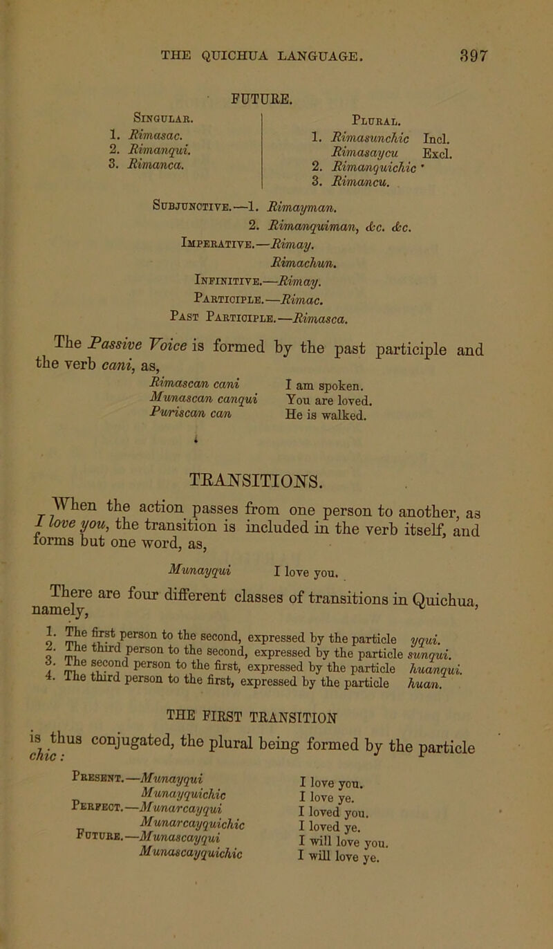 Singular. 1. Rimasac. 2. Rimanqui. 3. Rimanca. FUTURE. Plural. 1. Rimasunchic Incl. Rimasaycu Excl. 2. Rimanguichic ' 3. Rimcmcu. Subjunctive.—1. Rimayman. 2. Rimanquiman, dec. dec. Imperative.—Rimay. Rimachun. Infinitive.—Rim ay. Participle. —Rimac. Past Participle.—Rimasca. The Passive Voice is formed the verb cani, as, Rimascan cani Munascan canqui Pv/riscan can by the past participle and I am spoken. You are loved. He is walked. TKANSITIONS. When the action passes from one person to another, as 1 love you, the transition is included in the verb itself, and iorms but one word, as, Munayqui I love you. named16 ^ ^0Ur <^®3ren^ classes of transitions in Quichua, o' ^ jT?* Person to the second, expressed by the particle yqui. o' rp,he tIurd Person to the second, expressed by the particle sunqui. 7 rp,‘e second person to the first, expressed by the particle huanqui. . I he third person to the first, expressed by the particle huan. THE first TRANSITION is thus conjugated, the plural being formed by the particle Present.—Munayqui Munayquichic Perfect. —Munarcayqui Munar cay quickie Future.—Munascayqui Munuscayquickie I love you. I love ye. I loved you. I loved ye. I will love you. I will love ye.