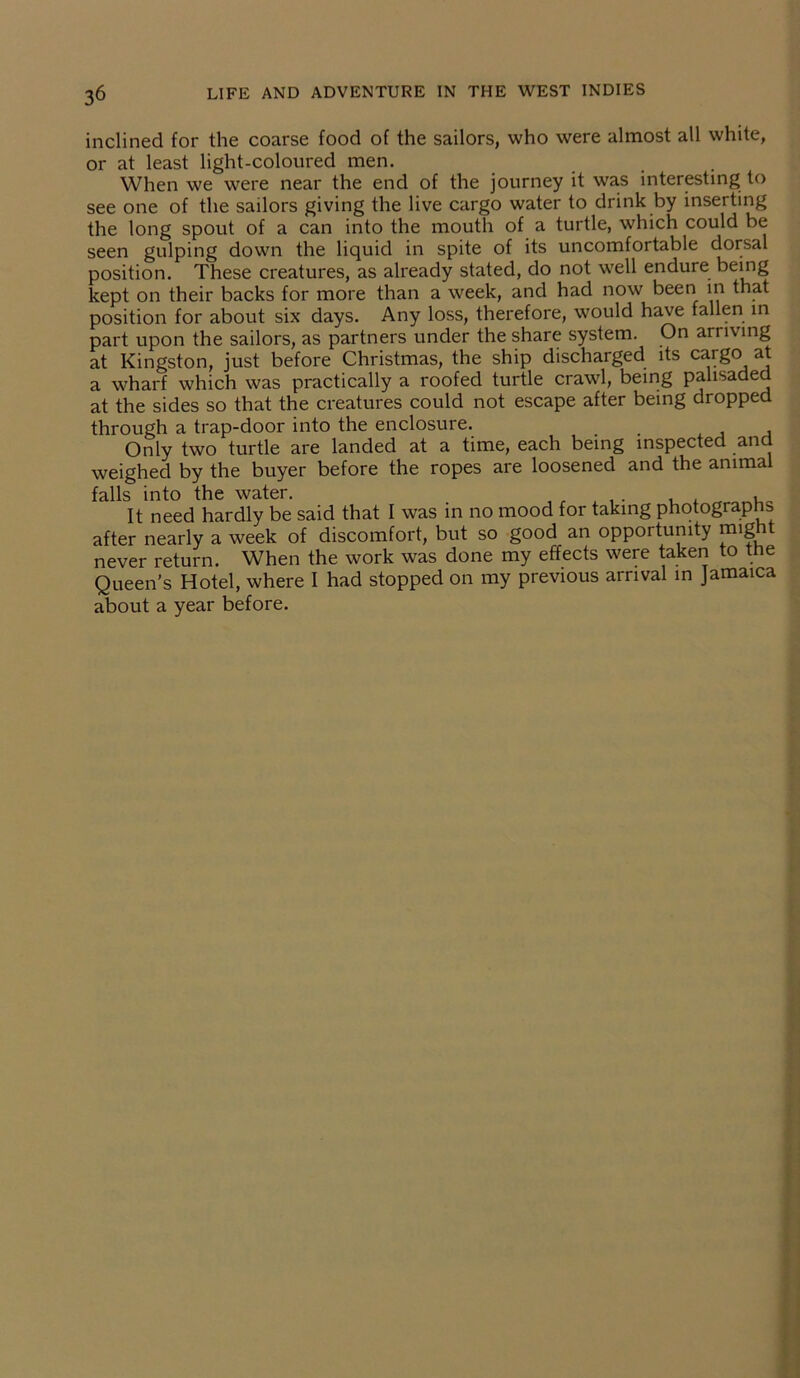 inclined for the coarse food of the sailors, who were almost all white, or at least light-coloured men. When we were near the end of the journey it was interesting to see one of the sailors giving the live cargo water to drink by inserting the long spout of a can into the mouth of a turtle, which could be seen gulping down the liquid in spite of its uncomfortable dorsal position. These creatures, as already stated, do not well endure being kept on their backs for more than a week, and had now been in that position for about six days. Any loss, therefore, would have fallen in part upon the sailors, as partners under the share system. On arriving at Kingston, just before Christmas, the ship discharged its ca^§° a wharf which was practically a roofed turtle crawl, being palisaded at the sides so that the creatures could not escape after being dropped through a trap-door into the enclosure. Only two turtle are landed at a time, each being inspected and weighed by the buyer before the ropes are loosened and the animal falls into the water. f , . , . It need hardly be said that I was in no mood for taking photographs after nearly a week of discomfort, but so good an opportunity might never return. When the work was done my effects were taken o e Queen’s Hotel, where I had stopped on my previous arrival in Jamaica about a year before.