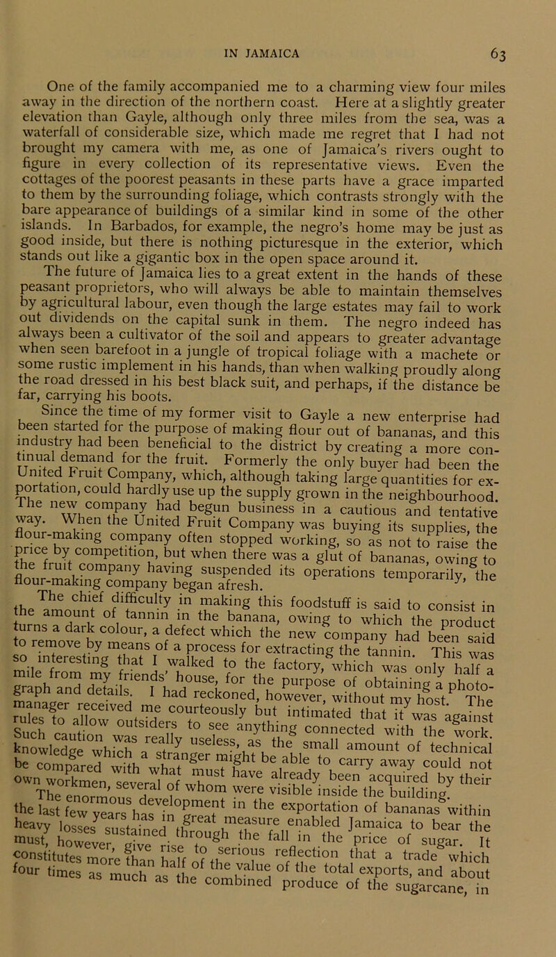One of the family accompanied me to a charming view four miles away in the direction of the northern coast. Here at a slightly greater elevation than Gayle, although only three miles from the sea, was a waterfall of considerable size, which made me regret that I had not brought my camera with me, as one of Jamaica’s rivers ought to figure in every collection of its representative views. Even the cottages of the poorest peasants in these parts have a grace imparted to them by the surrounding foliage, which contrasts strongly with the bare appearance of buildings of a similar kind in some of the other islands. In Barbados, for example, the negro’s home may be just as good inside, but there is nothing picturesque in the exterior, which stands out like a gigantic box in the open space around it. The future of Jamaica lies to a great extent in the hands of these peasant proprietors, who will always be able to maintain themselves by agricultural labour, even though the large estates may fail to work out dividends on the capital sunk in them. The negro indeed has always been a cultivator of the soil and appears to greater advantage when seen barefoot in a jungle of tropical foliage with a machete or some rustic implement in his hands, than when walking proudly along the road dressed in his best black suit, and perhaps, if the distance be far, carrying his boots. Since the time of my former visit to Gayle a new enterprise had been started for the purpose of making flour out of bananas, and this industry had been beneficial to the district by creating a more con- tinual demand for the fruit. Formerly the only buyer had been the United Fiuit Company, which, although taking large quantities for ex- portation, could hardly use up the supply grown in the neighbourhood. The new company had begun business in a cautious and tentative way. When the United Fruit Company was buying its supplies the flour-malung company often stopped working, so as not to raise' the fhTfn hC°mP 10u bUt Wh6n there Was a §lut of bananas, owing to the fruit company having suspended its operations temporarily the flour-making company began afresh. P y* 6 theTamounte£nf iSCUlty in i?aking this foodstuff is said to consist in e amount of tannin in the banana, owing to which the nroducf urns a dark colour, a defect which the new company had been said knowledge ^ ,Sma11 am0unt of ‘^mcai be compared with wh u S T£ht be,ab e t0 caiTy awaY could not own workmen seven 1 Af uUSt have alreadY been acquired by their TheS*T whon? were v^ible ins.de the building the last few yZs has in°^at the “P0^011 of bananas°within heavy losses cn t ■ 1 great measure enabled Jamaica to bear the mustj however^t^elise tT*? fa“nin the W of It constitutes more than h,ft °1'S reflection that a trade which four times rmuc^ L°f‘^KVa °L“Porb, and about as much as the combined produce of'X ill