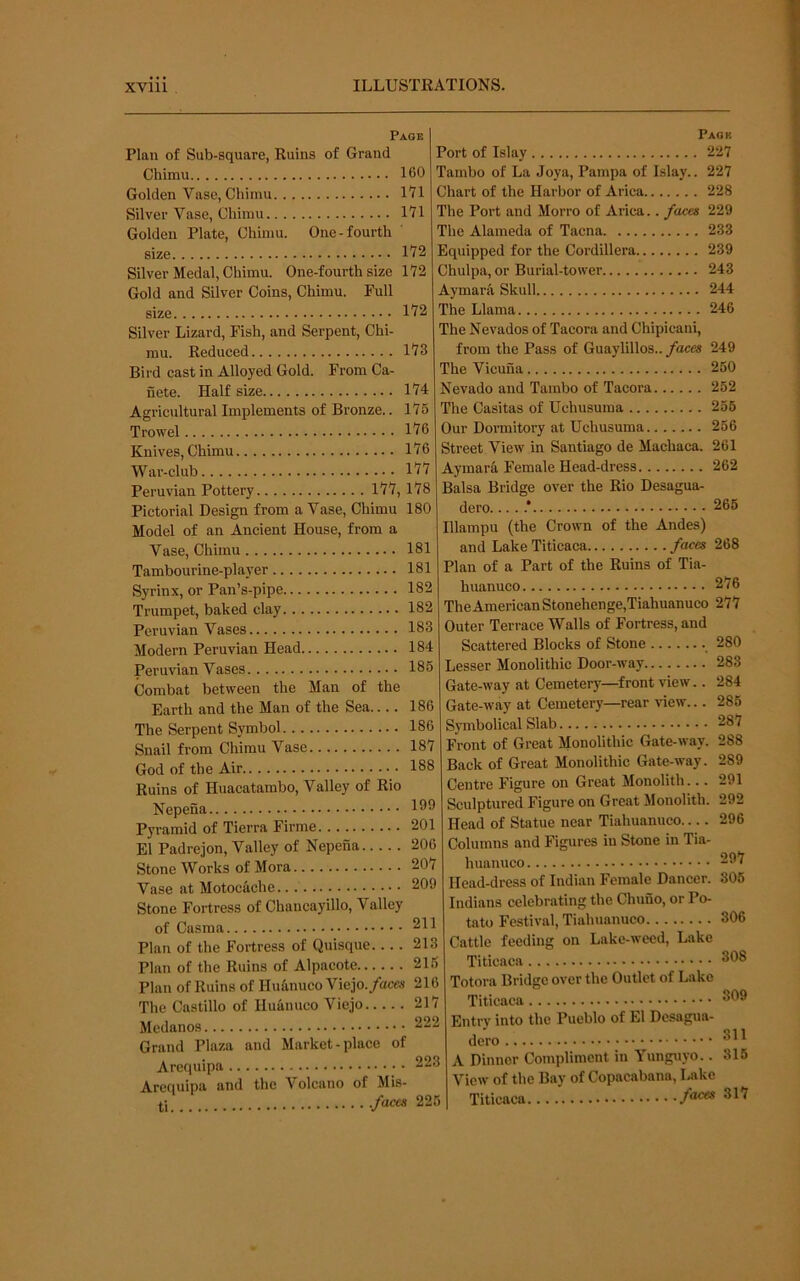Page Plan of Sub-square, Ruins of Grand Chimu 160 Golden Vase, Chimu L71 Silver Vase, Chimu 171 Golden Plate, Chimu. One-fourth size Silver Medal, Chimu. One-fourth size Gold and Silver Coins, Chimu. Full 172 172 size. 172 Silver Lizard, Fish, and Serpent, Chi- mu. Reduced 173 Bird cast in Alloyed Gold. From Ca- uete. Half size 174 Agricultural Implements of Bronze.. 176 Trowel 176 Knives, Chimu 176 War-club 177 Peruvian Pottery 177,178 Pictorial Design from a Vase, Chimu 180 Model of an Ancient House, from a Vase, Chimu 181 Tambourine-player 181 Syrinx, or Pan’s-pipe 182 Trumpet, baked clay 182 Peruvian Vases 183 Modern Peruvian Head 184 Peruvian Vases 186 Combat between the Man of the Earth and the Man of the Sea.... 186 The Serpent Symbol 186 Snail from Chimu Vase 187 God of the Air 188 Ruins of Huacatarabo, Valley of Rio Nepena 109 Pyramid of Tierra Firme 201 El Padrejon, Valley of Nepena 206 Stone Works of Mora 207 Vase at Motocache 209 Stone Fortress of Chancayillo, Valley of Casraa 211 Plan of the Fortress of Quisque 213 Plan of the Ruins of Alpacote 216 Plan of Ruins of Hu&nuco Viejo./accs 216 The Castillo of Huanuco Viejo 217 Mcdanos 222 Grand Plaza and Market-place of Arequipa 223 Arequipa and the Volcano of Mis- ti ./aces 226 Page Port of Islay 227 Tambo of La Joya, Pampa of Islay.. 227 Chart of the Harbor of Arica 228 The Port and Morro of Arica.. faces 229 The Alameda of Tacna 233 Equipped for the Cordillera 239 Chulpa, or Burial-tower 243 Aymara Skull 244 The Llama 246 The Nevados of Tacora and Chipicani, from the Pass of Guaylillos../aces 249 The Vicuna 250 Nevado and Tambo of Tacora 252 The Casitas of Uchusuma 256 Our Dormitory at Uchusuma 256 Street View in Santiago de Machaca. 261 Aymar^ Female Head-dress 262 Balsa Bridge over the Rio Desagua- dero... . .* 266 Illampu (the Crown of the Andes) and Lake Titicaca faces 268 Plan of a Part of the Ruins of Tia- huanuco 276 The American Stonehenge,Tiahuanuco 277 Outer Terrace Walls of Fortress, and Scattered Blocks of Stone 280 Lesser Monolithic Door-way 283 Gate-way at Cemetery—front view.. 284 Gate-way at Cemetery—rear view... 286 Symbolical Slab 287 Front of Great Monolithic Gate-way. 288 Back of Great Monolithic Gate-way. 289 Centre Figure on Great Monolith... 291 Sculptured Figure on Great Monolith. 292 Head of Statue near Tiahuanuco 296 Columns and Figures in Stone in Tia- huanuco 297 Head-dress of Indian Female Dancer. 306 Indians celebrating the Chuno, or Po- tato Festival, Tiahuanuco 306 Cattle feeding on Lake-weed, Lake Titicaca ^98 Totora Bridge over the Outlet of Lake Titicaca Entry into the Pueblo of El Dcsagua- dero A Dinner Compliment in Yunguyo.. View of the Bay of Copacabana, Lake Titicaca /ac« 317 309 311 316