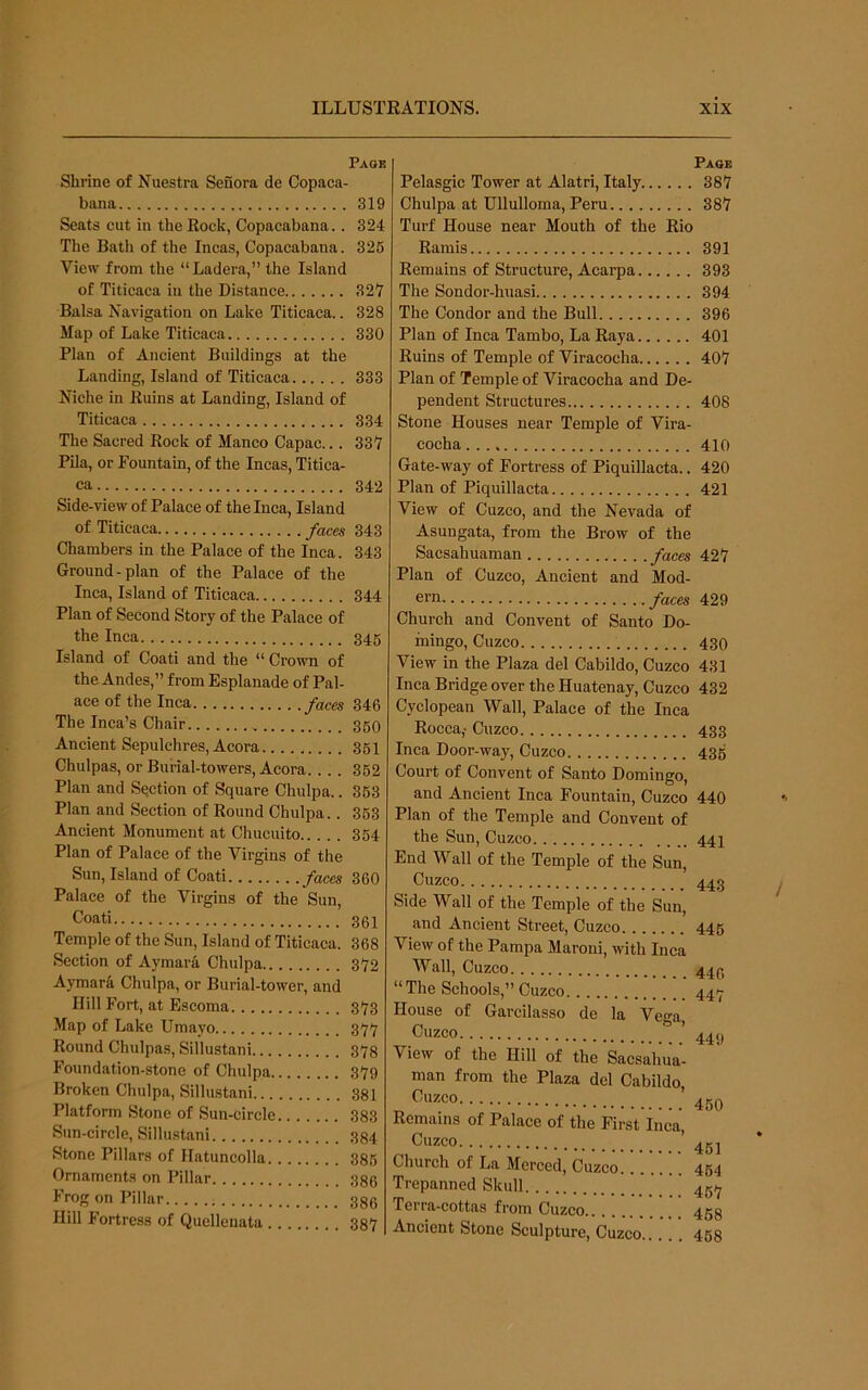 Page Shrine of Nuestra Senora de Copaca- bana 319 Seats cut in theKock, Copacabana.. 324 The Bath of the Incas, Copacabana. 326 View from the “ Ladera,” the Island of Titicaca in the Distance 32Y Balsa Navigation on Lake Titicaca.. 328 Map of Lake Titicaca 330 Plan of Ancient Buildings at the Landing, Island of Titicaca 333 Niche in Ruins at Landing, Island of Titicaca 334 The Sacred Rock of Manco Capac... 337 Pila, or Fountain, of the Incas, Titica- ca 342 Side-view of Palace of the Inca, Island of Titicaca faces 343 Chambers in the Palace of the Inca. 343 Ground-plan of the Palace of the Inca, Island of Titicaca 344 Plan of Second Story of the Palace of the Inca 345 Island of Coati and the “ Crown of the Andes,” from Esplanade of Pal- ace of the Inca faces 346 The Inca’s Chair 35O Ancient Sepulchres, Accra 361 Chulpas, or Burial-towers, Acora.... 362 Plan and Section of Square Chulpa.. 363 Plan and Section of Round Chulpa.. 363 Ancient Monument at Chucuito 354 Plan of Palace of the Virgins of the Sun, Island of Coati faces 360 Palace of the Virgins of the Sun, Coati 301 Temple of the Sun, Island of Titicaca. 368 Section of Aymara Chulpa 372 Aymara Chulpa, or Burial-tower, and Hill Fort, at Escoma 373 Map of Lake Umat’o 3'7'7 Round Chulpas, Sillustani 378 Foundation-stone of Chulpa 379 Broken Chulpa, Sillustani 381 Platform Stone of Sun-circle 383 Sun-circle, Sillustani 384 Stone Pillars of Hatuncolla 386 Ornaments on Pillar 380 Frog on Pillar 330 Hill Fortress of Quellcnata 387 Page Pelasgic Tower at Alatri, Italy 387 Chulpa at Ullulloma, Peru 387 Turf House near Mouth of the Rio Ramis 391 Remains of Structure, Acarpa 393 The Sondor-huasi 394 The Condor and the Bull 396 Plan of Inca Tambo, La Raya 401 Ruins of Temple of Viracocha 407 Plan of Temple of Viracocha and De- pendent Structures 408 Stone Houses near Temple of Vira- cocha 410 Gate-way of Fortress of Piquillacta.. 420 Plan of Piquillacta 421 View of Cuzco, and the Nevada of Asungata, from the Brow of the Saesahuaman faces 427 Plan of Cuzco, Ancient and Mod- ern .faces 429 Church and Convent of Santo Do- mingo, Cuzco 430 View in the Plaza del Cabildo, Cuzco 431 Inca Bridge over the Huatenay, Cuzco 432 Cyclopean Wall, Palace of the Inca Rocca,- Cuzco 433 Inca Door-way, Cuzco 435 Court of Convent of Santo Domingo, and Ancient Inca Fountain, Cuzco 440 Plan of the Temple and Convent of the Sun, Cuzco 447 End Wall of the Temple of the Sun, Cuzco 443 Side Wall of the Temple of the Sun, and Ancient Street, Cuzco 445 View of the Pampa Maroni, with Inca Wall, Cuzco “The Schools,” Cuzco 447 House of Garcilasso de la Vega, Cuzco 4^(, View of the Hill of the Saesahua- nian from the Plaza del Cabildo „ .’ 460 Remains of Palace of the First Inca, Cuzco ’ 45 j Church of La Merced, Cuzco 454 Trepanned Skull ’ ’ ” 45)^ Terra-cottas from Cuzco 453 Ancient Stone Sculpture, Cuzco..... 468