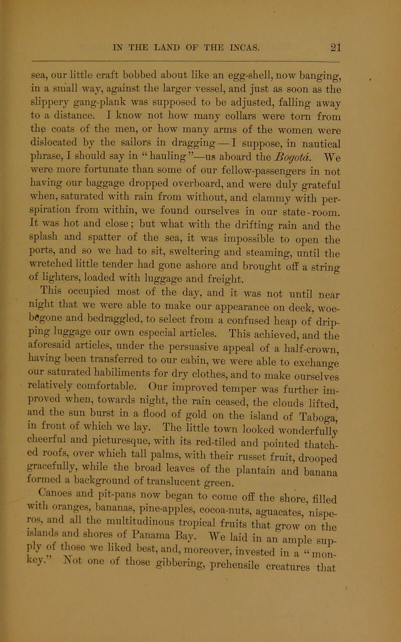 sea, onr little craft bobbed about like an egg-shell, now banging, in a small way, against the larger vessel, and just as soon as the slippery gang-plank was supposed to be adjusted, falling away to a distance. I know not how many collars were tom from thp coats of the men, or how many arms of the women were dislocated by the sailors in dragging — I suppose, in nautical phrase, I should say in “ hauling us aboard the Bogota. We were more fortunate than some of our fellow-passengers in not having our baggage dropped overboard, and were duly grateful when, saturated with rain from without, and clammy with per- spiration from within, we found ourselves in our state-room. It was hot and close; but what with the drifting rain and the splash and spatter of the sea, it was impossible to open the ports, and so we had to sit, sweltering and steaming, until the wretched Little tender had gone ashore and brought off a string of hghters, loaded with luggage and freight. ^ This occupied most of the day, and it was not until near night that we were able to make our apjDearance on deck, woe- begone and bedraggled, to select from a confused heap of drip- ping luggage our own especial articles. This achieved, and the aforesaid articles, under the persuasive appeal of a half-crown, having been transferred to our cahin, we were able to exchange om- saturated habiliments for dry clothes, and to make ourselves relatively comfortable. Our improved temper was further im- proved when, towards night, the rain ceased, the clouds lifted, aud the sun burst in a flood of gold on the island of Taboga, in front of which we lay. The little town looked wonderfully cheerful and picturesque, with its red-tiled and pointed thatch- ed roofs, over which tall palms, with their russet fruit, drooped ^acefully, while the hroad leaves of the plantain and hanana foi-med a background of translucent green. Canoes and pit-pans now began to come off the shore fllled with oranges, bananas, pine-apples, cocoa-nuts, aguacates, nispe- ros, and all the multitudinous tropical fruits that grow on the islands and shores of Panama Bay. We laid in an ample sup- ply of those we liked best, and, moreover, invested in a “mon- key. Not one of those gibbering, prehensile creatures that