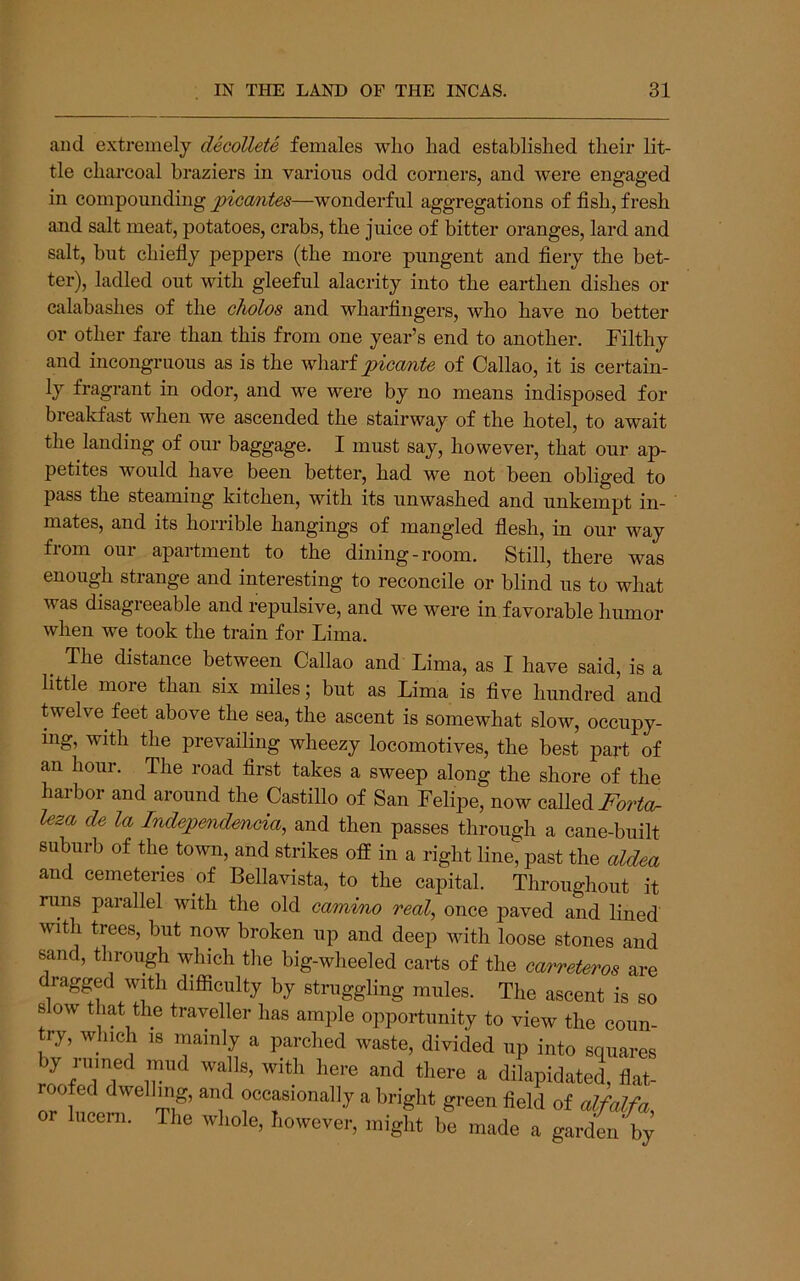 and extremely decollete females wlio had established their lit- tle charcoal braziers in various odd corners, and were engaged in compounding pica/ntes—wonderful aggregations of fish, fresh and salt meat, potatoes, crabs, the juice of bitter oranges, lard and salt, but chiefly peppers (the more pungent and fiery the bet- ter), ladled out with gleeful alacrity into the earthen dishes or calabashes of the cholos and wharfingers, who have no better or other fare than this from one year’s end to another. Filthy and incongruous as is the wlidiri picante of Callao, it is certain- ly fragrant in odor, and we were by no means indisposed for breakfast when we ascended the stairway of the hotel, to await the landing of our baggage. I must say, however, that our ap- petites would have been better, had we not been obliged to pass the steaming kitchen, with its unwashed and unkempt in- mates, and its horrible hangings of mangled flesh, in our way from our apartment to the dining-room. Still, there was enough strange and interesting to reconcile or blind us to what was disagreeable and repulsive, and we were in favorable humor when we took the train for Lima. The distance between Callao and Lima, as I have said, is a little more than six miles; but as Lima is five hundred and twelve^ feet above the sea, the ascent is somewhat slow, occupy- ing, with the prevailing wheezy locomotives, the best part of an hour. The road first takes a sweep along the shore of the harbor and around the Castillo of San Felipe, now caUed Uza de la Independencia, and then passes through a cane-built suburb of the town, and strikes off in a right line, past the aldea and cemeteries of Bellavista, to the capital. Throughout it runs parallel with the old camino real, once paved and lined with trees, but now broken up and deep with loose stones and sand, through which tlie big-wheeled carts of the carreteros are dragged with difficulty by struggling mules. The ascent is so 8 ow that the traveller has ample opportunity to view the coun- ry, which 18 mainly a parched waste, divided up into squares y ruined mud walls, with here and there a dilapidated, flat- roofed dwelling, and occasionally a bright green field of alfalfa or luceni. The whole, however, might be made a garden by