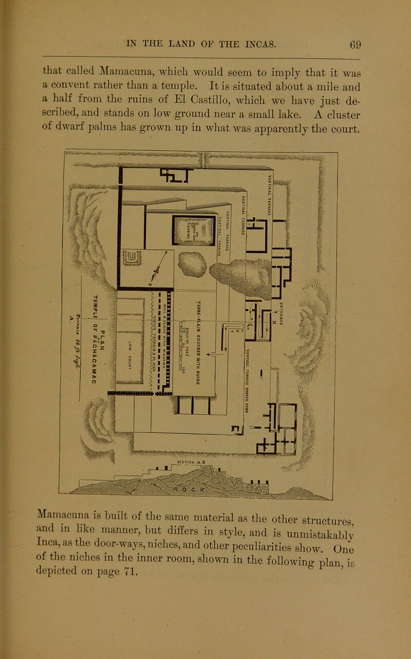 that called Maraacuna, which would seem to imply that it was a convent rather than a temple. It is situated about a mile and a half from the ruins of El Castillo, which we have just de- scribed, and stands on low ground near a small lake. A cluster of dwarf palms has grown up in what was apparently the court. Mamacuna is built of the same material as the other structures and in like manner, but differs in style, and is unmistakably Inca, as the door-ways, niches, and other peculiarities show. One of the niches in the inner room, shown in the following plan is depicted on page 71. a i ‘ j ^