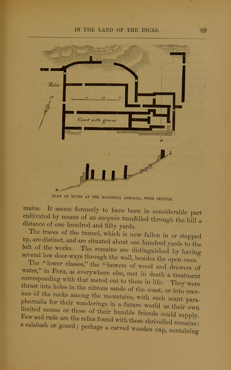 PLAN OP RUINS AT THE HACIENDA ARRIAGA, WITH SECTION. J, mains It seems formerly to hare been in considerable part cultivated by means of an azequia tunnelled tbroimb the hill a distance of one hundred and fifty yards. The traces of the tunnel, which is now fallen in or stopped up are distinct, and are situated about one hundred yards to the left of the works. The remains are distinguished by having several low door-ways through the wall, besides the open ones . '®„ the “hewers of wood and drawers of watei, m Pern, as everywhere else, met in death a treatment corresponding with that meted out to them in life. They Tore thrust into holes in the nitrous sands of the coast, or into eTpv! ices of the rocks among the mountains, with such scant para- p ernaha for their wanderings in a future world as their own hmited mea-ns or those of their humble friends could siipplv ew and rude are the relics found with these shrivelled reimabj- a calabash or gourd; perhaps a carved wooden cup, conZng