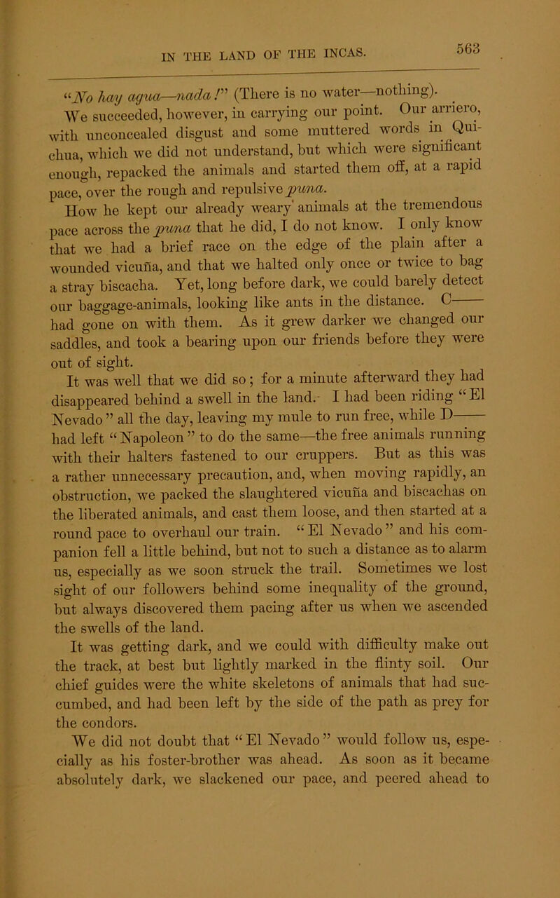 “No hay agua—nada /” (There is no water nothing). We succeeded, however, in carrying our point. Our arriero, with unconcealed disgust and some muttered words in Qui- chua, which we did not understand, hut which were significant enough, repacked the animals and started them off, at a rapid pace, over the rough and repulsive How he kept our already weary’ animals at the tremendous pace across the ^puna that he did, I do not know. I only know that we had a brief race on the edge of the plain after a wounded vicuna, and that we halted only once or twice to bag a stray biscacha. Yet, long before dark, we could barely detect our baggage-animals, looking like ants in the distance. C had gone on with them. As it grew darker we changed our saddles, and took a bearing upon our friends before they were out of sight. It was well that we did so; for a minute afterward they had disappeared behind a swell in the land.' I had been liding El Hevado ” all the day, leaving my mule to run free, while D—— had left “Hapoleon” to do the same—the free animals running with their halters fastened to our cruppers. But as this was a rather unnecessary precaution, and, when moving rapidly, an obstruction, we packed the slaughtered vicuna and biscachas on the liberated animals, and cast them loose, and then started at a round pace to overhaul our train. “ El Hevado ” and his com- panion fell a little behind, but not to such a distance as to alarm us, especially as we soon struck the trail. Sometimes we lost sight of our followers behind some inequality of the ground, but always discovered them pacing after us when we ascended the swells of the land. It was getting dark, and we could with difficulty make out the track, at best but lightly marked in the fiinty soil. Our chief guides were the white skeletons of animals that had suc- cumbed, and had been left by the side of the path as prey for the condors. We did not doubt that “El Hevado” would follow us, espe- cially as his foster-brother was ahead. As soon as it became absolutely dark, we slackened our pace, and peered ahead to