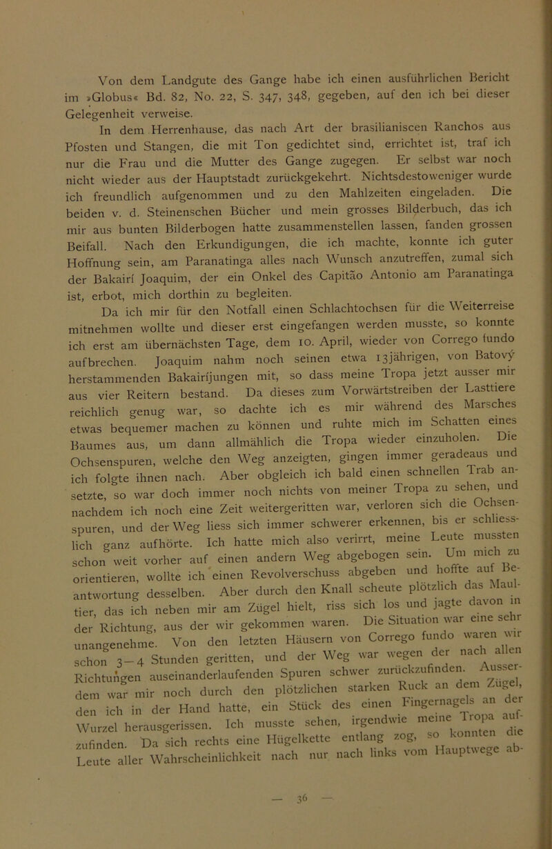 Von dem Landgute des Gange habe ich einen ausführlichen Bericht im »Globus« Bd. 82, No. 22, S. 347» 348, gegeben, auf den ich bei dieser Gelegenheit verweise. In dem Herrenhause, das nach Art der brasilianiscen Ranchos aus Pfosten und Stangen, die mit Ton gedichtet sind, errichtet ist, traf ich nur die Frau und die Mutter des Gange zugegen. Er selbst war noch nicht wieder aus der Hauptstadt zurückgekehrt. Nichtsdestoweniger wurde ich freundlich aufgenommen und zu den Mahlzeiten eingeladen. Die beiden v. d. Steinenschen Bücher und mein grosses Bilderbuch, das ich mir aus bunten Bilderbogen hatte zusammenstellen lassen, fanden grossen Beifall. Nach den Erkundigungen, die ich machte, konnte ich guter Hoffnung sein, am Paranatinga alles nach Wunsch anzutreffen, zumal sich der Bakairi Joaquim, der ein Onkel des Capitäo Antonio am Paranatinga ist, erbot, mich dorthin zu begleiten. Da ich mir für den Notfall einen Schlachtochsen für die Weiterreise mitnehmen wollte und dieser erst eingefangen werden musste, so konnte ich erst am übernächsten Tage, dem 10. April, wieder von Corrego fundo auf brechen. Joaquim nahm noch seinen etwa 13 jährigen, von Batovy herstammenden Bakairijungen mit, so dass meine Tropa jetzt ausser mir aus vier Reitern bestand. Da dieses zum Vorwärtstreiben der Lasttiere reichlich genug war, so dachte ich es mir während des Marsches etwas bequemer machen zu können und ruhte mich im Schatten eines Baumes aus, um dann allmählich die Tropa wieder einzuholen. Die Ochsenspuren, welche den Weg anzeigten, gingen immer geradeaus und ich folgte ihnen nach. Aber obgleich ich bald einen schnellen Trab an- setzte, so war doch immer noch nichts von meiner Tropa zu sehen un nachdem ich noch eine Zeit weitergeritten war, verloren sich die Ochsen- spuren, und der Weg liess sich immer schwerer erkennen, bis er schliess- lich ganz aufhörte. Ich hatte mich also verirrt, meine Leute mussten schon weit vorher auf einen andern Weg abgebogen sein. Um mich zu orientieren, wollte ich einen Revolverschuss abgeben und hoffte au antwortung desselben. Aber durch den Knall scheute plötzlich das Maul- tier, das ich neben mir am Zügel hielt, riss sich los und jagte davon in der Richtung, aus der wir gekommen waren. Die Situation war eines unangenehme. Von den letzten Häusern von Corrego fundo waren w Scho; 3-4 stunden geritten, und der Weg war wegen der Richtungen auseinanderlaufenden Spuren schwet zurucvzu n . Lm war mir noch durch den plötzlichen starken Ruck an dem Zügel, den ich in der Hand hatte, ein Stück des einen Fingernagels an der Wurzel herausgerissen. Ich musste selten, irgendwie mcine r°^ zufinden. Da sich rechts eine Hügelkette entlang zog, so konnten d Leute aller Wahrscheinlichkeit nach nur nach links vom Haup weg