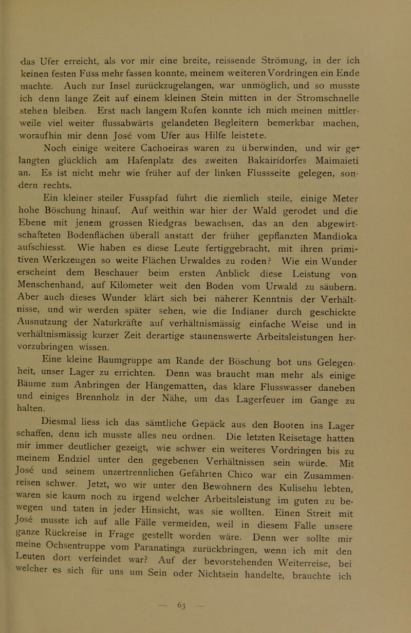 •das Ufer erreicht, als vor mir eine breite, reissende Strömung, in der ich keinen festen Fiiss mehr fassen konnte, meinem weiteren Vordringen ein Ende machte. Auch zur Insel zurückzugelangen, war unmöglich, und so musste ich denn lange Zeit auf einem kleinen Stein mitten in der Stromschnelle stehen bleiben. Erst nach langem Rufen konnte ich mich meinen mittler- weile viel weiter flussabwärts gelandeten Begleitern bemerkbar machen, woraufhin mir denn Jose vom Ufer aus Hilfe leistete. Noch einige weitere Cachoeiras waren zu überwinden, und wir ge' langten glücklich am Hafenplatz des zweiten Bakairidorfes Maimaieti an. Es ist nicht mehr wie früher auf der linken Flussseite gelegen, son- dern rechts. Ein kleiner steiler Fusspfad führt die ziemlich steile, einige Meter hohe Böschung hinauf. Auf weithin war hier der Wald gerodet und die Ebene mit jenem grossen Riedgras bewachsen, das an den abgewirt- schafteten Bodenflächen überall anstatt der früher gepflanzten Mandioka aufschiesst. Wie haben es diese Leute fertiggebracht, mit ihren primi- tiven Werkzeugen so weite Flächen Urwaldes zu roden? Wie ein Wunder erscheint dem Beschauer beim ersten Anblick diese Leistung von Menschenhand, auf Kilometer weit den Boden vom Urwald zu säubern. Aber auch dieses Wunder klärt sich bei näherer Kenntnis der Verhält- nisse, und wir werden später sehen, wie die Indianer durch geschickte Ausnutzung der Naturkräfte auf verhältnismässig einfache Weise und in verhältnismässig kurzer Zeit derartige staunenswerte Arbeitsleistungen her- vorzubringen wissen. Eine kleine Baumgruppe am Rande der Böschung bot uns Gelegen- heit, unser Lager zu errichten. Denn was braucht man mehr als einige Bäume zum Anbringen der Hängematten, das klare Flusswasser daneben und einiges Brennholz in der Nähe, um das Lagerfeuer im Gange zu halten. Diesmal liess ich das sämtliche Gepäck aus den Booten ins Lager schaffen, denn ich musste alles neu ordnen. Die letzten Reisetage hatten mir immer deutlicher gezeigt, wie schwer ein weiteres Vordringen bis zu meinem Endziel unter den gegebenen Verhältnissen sein würde. Mit Jose und seinem unzertrennlichen Gefährten Chico war ein Zusammen- reisen schwer. Jetzt, wo wir unter den Bewohnern des Kulisehu lebten, waren sie kaum noch zu irgend welcher Arbeitsleistung im guten zu be- wegen und taten in jeder Hinsicht, was sie wollten. Einen Streit mit Jose musste ich auf alle Fälle vermeiden, weil in diesem Falle unsere ganze Rückreise in Frage gestellt worden wäre. Denn wer sollte mir meine Ochsentruppe vom Paranatinga zurückbringen, wenn ich mit den reuten dort verfeindet war? Auf der bevorstehenden Weiterreise, bei welcher es sich für uns um Sein oder Nichtsein handelte, brauchte ich