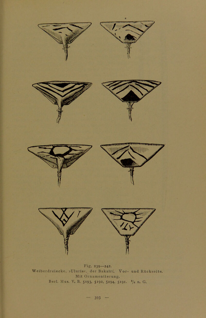 Fi ff. 239—242. Weiberdreiecke, »Uluris«, der Bakairi. Vor- und Rückseite. Mit Ornamentierung. Berl. Mus. V. B. 5193, 5192, 5194, 5191. s/4 n. G.