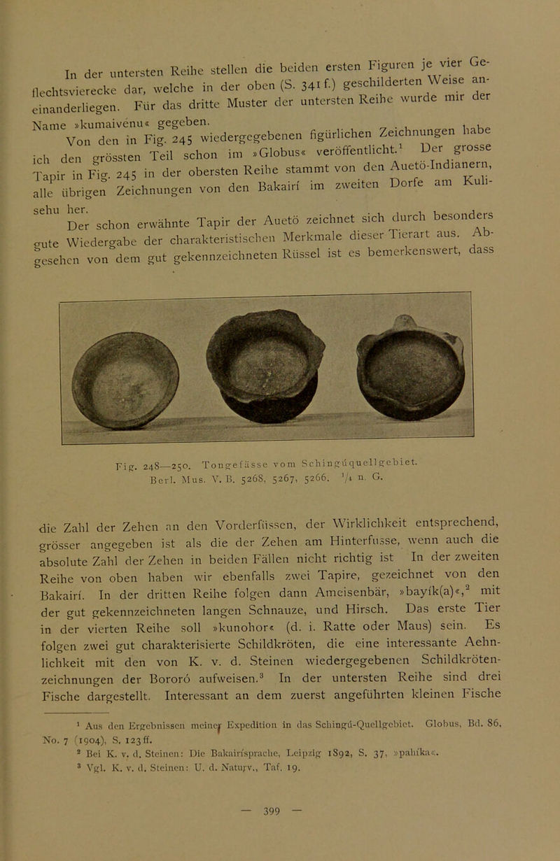 In der untersten Reihe stellen die beiden ersten Figuren je vier Ge- flechtsvierecke dar, weiche in der oben (S. 34. 0 geschiWerten Wetse an- einanderliegen. Für das dritte Muster der untersten Reihe wurde Namevt”F,|- 245 wiedergegebenen figürlichen Zeichnungen habe ich den grössten Teil schon im «Globus« veröffentlicht Der grosse Tapir in Firn 245 in der obersten Reihe stammt von den Aueto-Indianern, alle übrigen Zeichnungen von den Bakairi im zweiten Dorfe am Kuh- SehU Der schon erwähnte Tapir der Auetö zeichnet sich durch besonders «.ute Wiedergabe der charakteristischen Merkmale dieser Tierart aus. Ab- gesehen von'dem gut gekennzeichneten Rüssel ist es bemerkenswert, dass Fi|?. 248—250. Tong-efässe vom Schin£iiquellgcbiet. Berl. Mus. V. B. 5268, 5267, 5266. ’/t n. G. die Zahl der Zehen an den Vorderfüssen, der Wirklichkeit entsprechend, grösser angegeben ist als die der Zehen am Hinterfnsse, wenn auch die absolute Zahl der Zehen in beiden Fällen nicht richtig ist In der zweiten Reihe von oben haben wir ebenfalls zwei Tapire, gezeichnet von den Bakairi. In der dritten Reihe folgen dann Ameisenbär, »bayfk(a)«,1 2 mit der gut gekennzeichneten langen Schnauze, und Hirsch. Das erste Tier in der vierten Reihe soll »kunohor« (d. i. Ratte oder Maus) sein. Es folgen zwei gut charakterisierte Schildkröten, die eine interessante Aehn- lichkeit mit den von K. v. d. Steinen wiedergegebenen Schildkröten- zeichnungen der Bororö aufweisen.3 In der untersten Reihe sind drei Fische dargestellt. Interessant an dem zuerst angeführten kleinen Fische 1 Aus den Ergebnissen meincj- Expedition in das Scliingfii-Quellgebiet. Globus, Bd. S6, No. 7 (1904), S. 123 ff. 2 Bei K. v. d. Steinen: Die Bakairfspraclie, Leipzig 1S92, S. 37, »paluka«. 3 Vgl. K. v. d. Steinen: U. d. Natuj-v., Taf. 19.