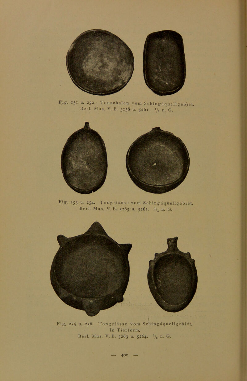 Fig. 251 u. 252. lonschalen vom Schiiiguquellgebiet. Berl. Mus. V. B. 5258 u. 5261. »/4 n. G. Fig-. 253 u. 254. Tongefässe vom Scliinguquellgebiet. Berl. Mus. V. B. 5265 u. 5262. */4 n. G. Fig. 255 u. 256. Tongefässe vom Schingüquellgebiet. In Ti er form. Berl. Mus. V. B. 5263 u. 5264. ’/a n. G.