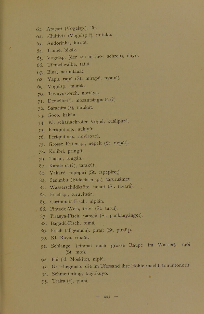 61. Aragari (Vogelsp.), Ißt- 62. »Buitivi« (Vogelsp.?), mitukü. 63. Andorinha, hiroüt. 64. Taube, bikäk. 65. Vogelsp. (der »ui ui iho« schreit), ihiyo. 66. Uferschwalbe, tatiä. 67. Biua, narindauät. 68. Yapu, rapü (St. mirapü, nyapü). 69. Vogelsp., murale. 70. Tuyuyustorch, noriäya. 71. Derselbe (?), mozantsinguatü (?). 72. Saracüra (?), taraküt. 73. Socö, kakäu. 74. Kl. scharlachroter Vogel, kuallpurä. 75. Periquitosp., sukiyi't. 76. Periquitosp., noviroatü. 77. Grosse Entensp , nepek (St. nepet). 78. Kolibri, pringit. 79. Tucan, tungän. 80. Karakurä (?), taraküt. 81. Yakare, topepiri (St. tapepiret). 82. Senimbü (Eidechsensp.), taruruämet. 83. Wasserschildkröte, tauari (St. tavarü). 84. Fischsp., turuvitsän. 85. Curimbatä-Fisch, nipiän. 86. Pintado-Wels, truvi (St. türm). 87. Piranya-Fisch, pangäi (St. pankanyänget). 88. Bagadü-Fisch, tumä. 89. Fisch (allgemein), piraft (St. piraüt). 90. Kl. Raya, ripaiit. 91. Schlange (einmal auch grosse Raupe im Wasser), möi (St. moi). 92. Piü (kl. Moskito), nipiü. 93. Gr. Fliegensp., die im Ufersand ihre Höhle macht, tonuntonorit. 94. Schmetterling, kuyokuyo. 95. Traira (?), piutä.