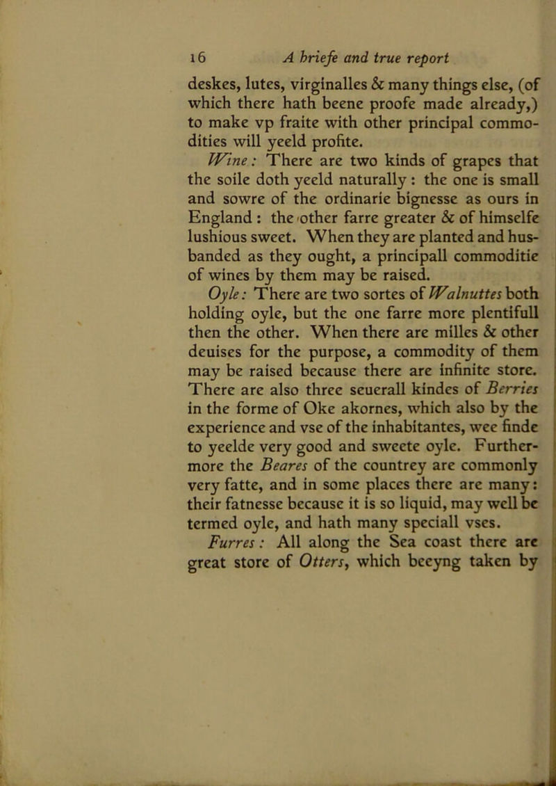 deskes, lutes, virginalles & many things else, (of which there hath beene proofe made already,) to make vp fraite with other principal commo- dities will yeeld profite. Wine: There are two kinds of grapes that the soile doth yeeld naturally : the one is small and sowre of the ordinarie bignesse as ours in England : the other farre greater & of himselfe lushious sweet. When they are planted and hus- banded as they ought, a principall commoditie of wines by them may be raised. Oyle: There are two sortes of Walnuttes both holding oyle, but the one farre more plentifull then the other. When there are milles & other deuises for the purpose, a commodity of them may be raised because there are infinite store. There are also three seuerall kindes of Berries in the forme of Oke akornes, which also by the experience and vse of the inhabitantes, wee finde to yeelde very good and sweete oyle. Further- more the Beares of the countrey are commonly very fatte, and in some places there are many: their fatnesse because it is so liquid, may well be termed oyle, and hath many speciall vses. Furres: All along the Sea coast there are great store of Otters, which beeyng taken by