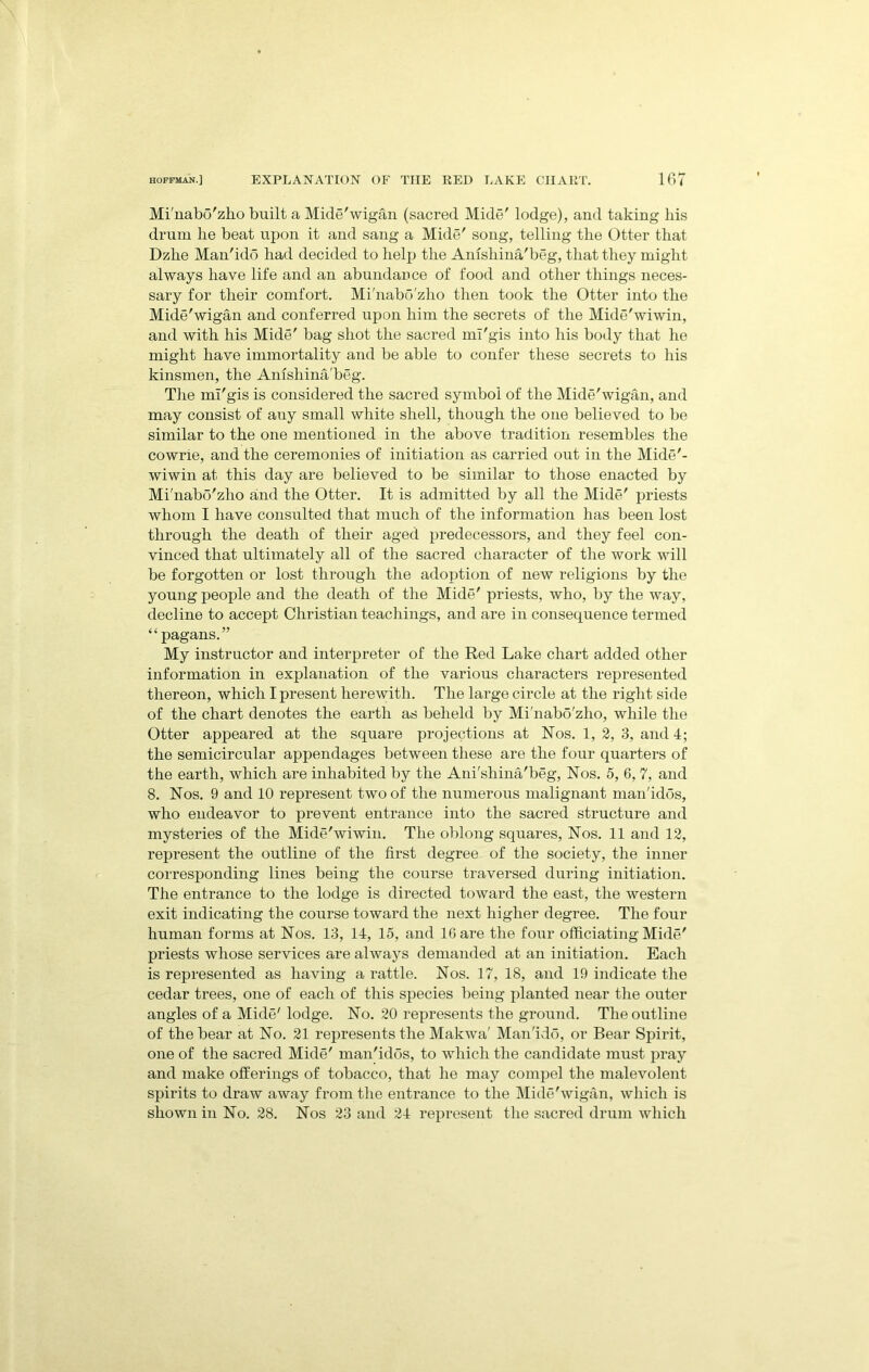 Mi'nabo'zho built a Mide'wigan (sacred Mide' lodge), and taking bis drum he beat upon it and sang a Mide' song, telling the Otter that Dzhe Man'idd had decided to help the Anishina'beg, that they might always have life and an abundance of food and other things neces- sary for their comfort. Mi'nabo'zho then took the Otter into the Mide'wigan and conferred upon him the secrets of the Mide'wiwin, and with his Mide' bag shot the sacred mi'gis into his body that he might have immortality and be able to confer these secrets to his kinsmen, the Anishina'beg. The mi'gis is considered the sacred symbol of the Mide'wigan, and may consist of any small white shell, though the one believed to be similar to the one mentioned in the above ti’adition resembles the cowrie, and the ceremonies of initiation as carried out in the Mide'- wiwin at this day are believed to be similar to those enacted by Mi'nabo'zho and the Otter. It is admitted by all the Mide' priests whom I have consulted that much of the information has been lost through the death of their aged predecessors, and they feel con- vinced that ultimately all of the sacred character of the work will be forgotten or lost through the adoption of new religions by the young people and the death of the Mide' priests, who, by the way, decline to accept Christian teachings, and are in consequence termed “pagans.” My instructor and interpreter of the Red Lake chart added other information in explanation of the various characters represented thereon, which I present herewith. The large circle at the right side of the chart denotes the earth as beheld by Mi'nabo'zho, while the Otter appeared at the square projections at Nos. 1, 2, 3, and 4; the semicircular appendages between these are the four quarters of the earth, which are inhabited by the Ani'shina'beg, Nos. 5, 6, 7, and 8. Nos. 9 and 10 represent two of the numerous malignant man'idos, who endeavor to prevent entrance into the sacred structure and mysteries of the Mide'wiwin. The oblong squares. Nos. 11 and 12, represent the outline of the first degree of the society, the inner corresponding lines being the course traversed during initiation. The entrance to the lodge is directed toward the east, the western exit indicating the course toward the next higher degree. The four human forms at Nos. 13, 14, 15, and IG are the four officiating Mide' priests whose services are always demanded at an initiation. Each is represented as having a rattle. Nos. 17, 18, and 19 indicate the cedar trees, one of each of this species being planted near the outer angles of a Mide' lodge. No. 20 represents the ground. The outline of the bear at No. 21 represents the Makwa' Man'ido, or Bear Spirit, one of the sacred Mide' man'idos, to which the candidate must pray and make offerings of tobacco, that he may compel the malevolent spirits to draw away from the entrance to the Mide'wigan, which is shown in No. 28. Nos 23 and 24 represent the sacred drum which