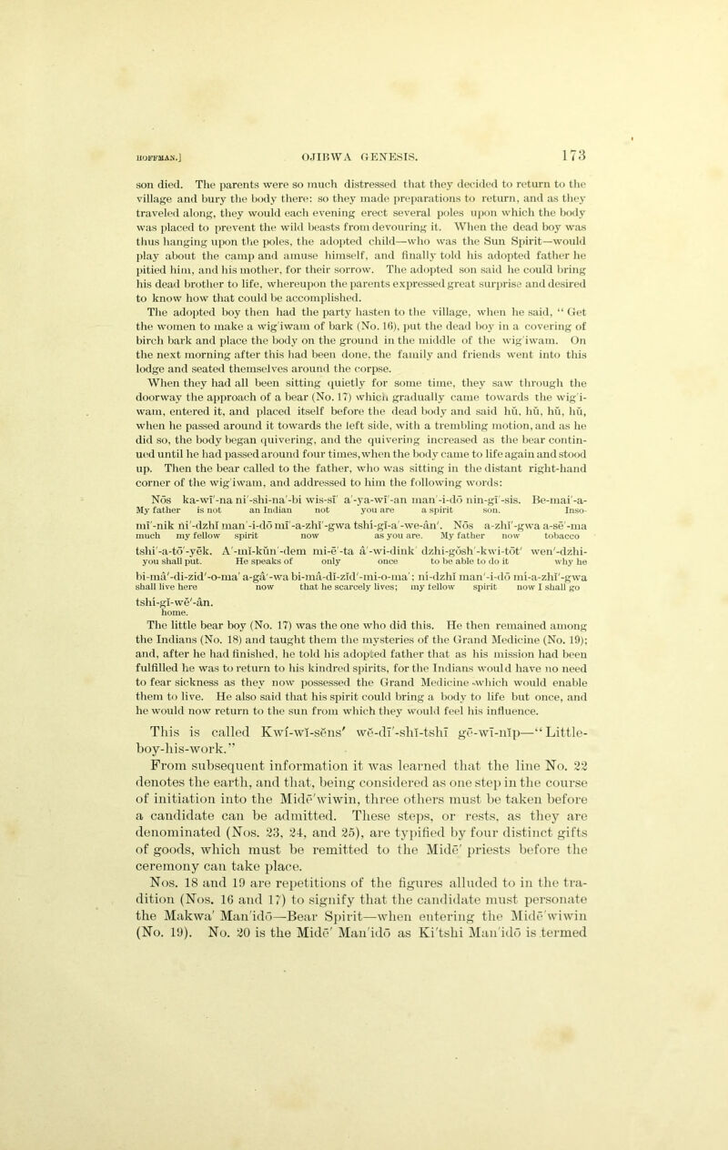 son died. Tlie parents were so mucli distressed that they decided to return to tlie village and bury the body there: so they made pre])arations to return, and as they traveled along, they would each evening erect several poles upon which the body was placed to prevent the wild beasts from devouring it. When the dead boy was thus hanging upon tlie poles, the adopted child—who was the Sun Spirit—would jilay about the camp and amuse himself, and finall3 told his adopted father he pitied him, and his mother, for their sorrow. Tlie ado])ted son said he could bring his dead brother to life, whereupon the parents expressed great surprise and desired to know how that could be accomplished. The adopted boy then had the party hasten to the village, when he said, “ Get the women to make a wig'iwam of bark (No. 16), put the dead boy in a covering of birch bark and place the body on the ground in the middle of the wig'iwam. On the next morning after this had been done, the family and friends went into this lodge and seated themselves around the corpse. When they had all been sitting quietly for some time, they saw through the doorway the approach of a bear (No. 17) whicn gradually came towards the wig'i- wam, entered it, and placed itself before the dead body and said hii, hu, hu, liu, when he passed around it towards the left side, with a trembling motion, and as he did so, the body began quivering, and the quivering increased as the bear contin- ued until he had passed around four times, when the body came to life again and stood up. Then the bear called to the father, who was sitting in the distant right-hand corner of the wig'iwam, and addressed to him the following words: Nos ka-wi'-na ni'-shi-na'-bi wis-sl' a'-ya-wl'-an man'-i-dd nin-gi'-sis. Be-mai'-a- My father is not an Indian not you are a spirit son. Inso- mi'-nik ni'-dzhi man'-i-domi'-a-zhi'-gwa tshi-gi-a'-we-an'. Nos a-zhi'-gwa a-se'-ma much my fellow spirit now as you are. My father now tobacco tslii’-a-td'-yek. A'-mi-kun'-dem mi-e'-ta a'-wi-diuk' dzhi-gosh'-kwi-tdt' wen'-dzhi- you shall put. He speaks of only once to be able to do it why he bi-ma'-di-zid'-o-ma' a-ga'-wabi-ma-di-zid'-mi-o-ma'; ni-dzln man'-i-do mi-a-zhi'-gwa shall live here now that he scarcely lives; ray fellow spirit now I shall go tshi-gi-we'-an. home. The little bear boy (No. 17) was the one who did this. He then remained among the Indians (No. 18) and taught them the mysteries of the Grand Medicine (No. 19); and, after he had finished, he told his adopted father that as his mission had been fulfilled he was to return to his kindred spirits, for the Indians would have no need to fear sickness as they now possessed the Grand Medicine -which would enable them to live. He also said that his spirit could bring a bodv' to life but once, and he would now return to the snn from which they would feel his influence. This is called Kwi-wi-s6ns' wg-dT'-sln-tshl ge-wi-nlp—“Little- boy-liis-work.” From subsequent information it was learned that the line No. 22 denotes the earth, and that, being considered as one step in the course of initiation into the Mide'wiwin, three others must be taken before a candidate can be admitted. These steps, or rests, as they are denominated (Nos. 23, 24, and 25), are typified by four distinct gifts of goods, which must be remitted to the Mide' priests before the ceremony can take place. Nos. 18 and 19 are repetitions of the figures alluded to in the tra- dition (Nos. 16 and 17) to signify that the candidate must personate the Makwa' Man'ido—Bear Sjiirit—when entering the IMide'wiwin (No. 19). No. 20 is the Mide' Man'ido as Ki'tshi Man'ido is termed