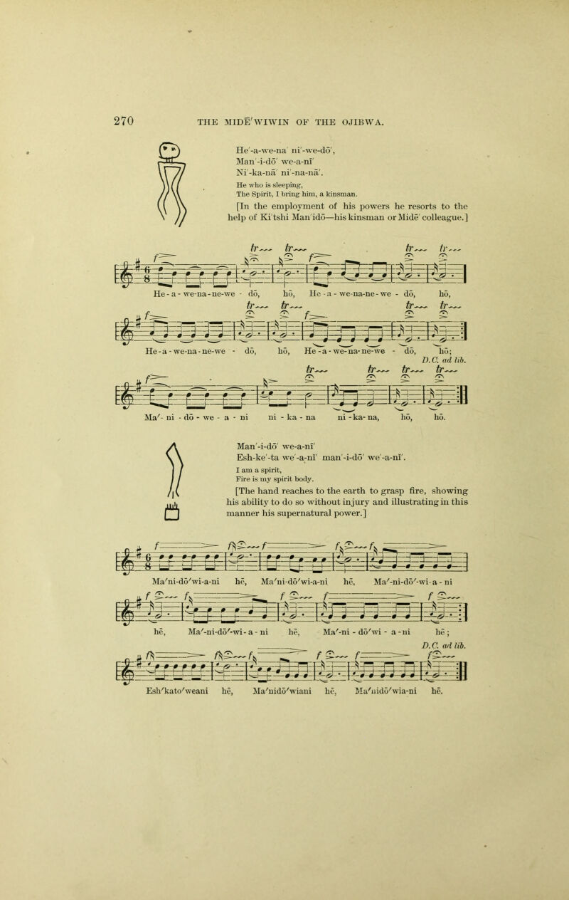 tHe'-a-we-na' ni'-we-do', Man -i-do' we-a-m' Ni'-ka-na' ni'-na-na'. He who is sleeping. The Spirit, I bring him, a kinsman. [In the employment of his powers he resorts to the help of Ki'tshi Man'ido—his kinsman or Mide'colleague.] He-a-we-na-ue-we - do, ho, He-a - we-na-ne-we - do, ho, tr^ tr^ tr^ tr^ — 4| • —0 ■] 1 j 1 L 0—^—0—^—0— n —I -- - He - a - we-na - ne-we - do, ho. He-a-we-na-ne-we - do, ho; D.C. ad lib. Ma'- ni - d5 - we - a - ni ni - ka - na ni -ka- na, ho, ho. Man'-i-do' we-a-ni' Esh-ke'-ta we'-a-ni' man'-i-do' we'-a-ni'. I am a spirit. Fire is my spirit body. [The hand reaches to the earth to grasp fire, showing his ability to do so without injury and illustrating in this manner his supernatural power.] 4 Ma''ni-do''wi-a-ni he, Ma''ni-do''wi-a-ni he, Ma'-ni-do'-wi-a - ni