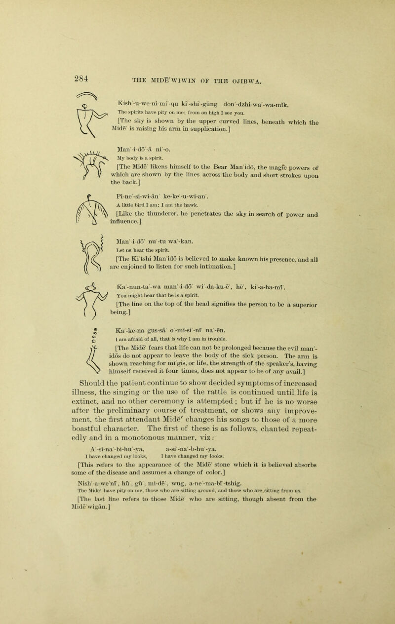 Kish -u-\ve-ni-mi -qu ki -slii -gung don-dzhi-wa'-wa-mik. The spirits have pity on me; from on high I see you. [Tlie sky is shown by the upper curved lines, beneath which the Mide' is raising his arm in supplication.] Man'-i-dd'-a ni'-o. My body is a spirit. [The Mide' likens himself to the Bear Man idd, the magic powers of which are shown by the lines across the body and short strokes upon the back.] Pi-ne' -si-wi-an ke-ke' -u-wi-an'. A little bird I am; I am the hawk. [Like the thunderer, he penetrates the influence.] sky in search of power and Man'-i-do' nu'-tu wa'-kan. Let us hear the spirit. [The Ki'tshi Man'idd is believed to make known his presence, and all are enjoined to listen for such intimation.] Ka-nun-ta-wa man'-i-do' wi'-da-ku-e', he', ki'-a-ha-ml'. You might hear that he is a spirit. [The line on the top of the head signifies the person to be a superior being.] Ka'-ke-na gus-sa' o'-mi-si -nl' na'-en. I am afraid of all, that is why 1 am in trouble. [The Mide' fears that life can not be prolonged because the evil man'- idds do not appear to leave the body of the sick person. The arm is shown reaching for mi'gis, or life, the strength of the speaker's, having himself received it four times, does not appear to be of any avail.] Should the patient continue to show decided symptoms of increased illness, the singing or the use of the rattle is continued until life is extinct, and no other ceremony is attempted ; but if he is no worse after the preliminary course of treatment, or shows any improve- ment, the first attendant Mide' changes his songs to those of a more boastful character. The first of these is as follows, chanted repeat- edly and in a monotonous manner, viz : A'-si-na'-bi-hu'-ya, a-si'-na'-b-hu'-ya. I have changed my looks, I have changed my looks. [This refers to the appearance of the Mide' stone which it is believed absorbs some of the disease and assumes a change of color.] Nish'-a-we'ni', hu', gu', mi-de', wug, a-ne'-ma-bl'-tshig. The Mide' have pity on me, those who are sitting ai'ound, and tho.se who are sitting from us. [Tlie last line refers to those Mide' who are sitting, though absent from the Mide wigtin.]