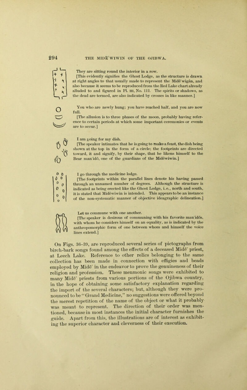 1-^'- 1+ 4 t They are sitting round the interior in a row. [This evidently signifies the Ghost Lodge, as the structure is drawn at right angles to that usually made to represent the Mide'wigan, and also because it seems to be reproduced from the Red Lake chart already alluded to and figured in PI. iii, No. 113. The spirits or shadows, as the dead are termed, are also indicated by crosses in like manner.] You who are newly hung; you have reached half, and you are now full. [The allusion is to three phases of the moon, probably having refer- ence to certain periods at which some important ceremonies or events are to occur.] I am going for my dish. [The speaker intimates that he is going to make a feast, the dish being shown at the top in the form of a circle; the footprints are directed toward, it and signify, by their shape, that he likens himself to tlie Bear man'ido, one of the guardians of the Midewiwin.] 0 0 0 0 0 I go through the medicine lodge. [The footprints within the parallel lines denote his having passed tlu’ough an unnamed number of degrees. Although the structure is indicated as being erected like the Ghost Lodge, i.e., north and south, it is stated that Midewiwin is intended. This appeal’s to be an instance of the non-systematic manner of objective ideagraphic delineation.] Let us commune with one another. [The speaker is desirous of communing with his favorite man'idos, with whom he considers himself on an equality, as is indicated by tlie anthropomorphic form of one between whom and himself the voice lines extend.] On Figs. 36-39, are reproduced several series of pictographs from birch-bark songs found among the effects of a deceased Hide' priest, at Leech Lake. Reference to other relics belonging to the same collection has been made in connection with effigies and beads employed by Mide' in the endeavor to prove the genuineness of their religion and profession. These menmonic songs were exliibited to many Mide' priests from various portions of the Ojibwa country, in the hope of obtaining some satisfactory explanation regarding the import of the several characters; but, although they were pro- nounced to be “ Grand Medicine,” no suggestions were offered beyond the merest repetition of the name of the object or what it probably was meant to represent. The direction of their order was men- tioned, because in most instances the initial character furnishes the guide. Aiiart from this, the illustrations are of interest as exhibit- ing the superior character and cleverness of their execution.