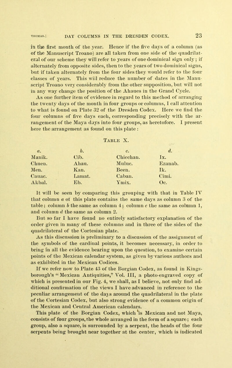 iu the first mouth of the year. Heuce if the five days of a column (as of the Manuscript Troauo) are all taken from one side of the quadrilat- eral of our scheme they will refer to years of one dominical sign only; if alternately from opposite sides, then to the years of two dominical signs, but if taken alternatelj’ from the four sides they would refer to the four classes of years. This will reduce the number of dates in the Manu- script Troauo very considerably^ from the other suiiposition, but will not in any way change the position of the Ahaues in the Grand Cycle. As one further item of evidence in regard to this method of arranging the twenty days of the month in four groups or columns, I call attention to what is found on Plate 32 of the Dresden Codex. Here we find the four columns of five days each, corresponding precisely with the ar- rangement of the Maya days into four groups, as heretofore. I present here the arrangement as found on this plate : Table X. a. h. c. d. Manik. Cib. Chicchau. Ix. Chueu. Ahau. Muluc. Ezanab. Men. Kan. Been. Ik. Cauac. Lam at. Caban. Cimi. Akbal. Eb. Ymix. Oc. It will be seen by comparing this grouping with that iu Table IV that column a of this plate contains the same days as column 3 of the table; column h the same as column 4; column c the same as column 1, and column d the same as column 2. But so far I have found no entirely satisfactory explanation of the order given in many of these columns and in three of the sides of the quadrilateral of the Cortesiau plate. As this discussion is preliminary to a discussion of the assignment of the symbols of the cardinal points, it becomes necessary, in order to bring In all the evidence bearing upon the question, to examine certain points of the Mexican calendar system, as given by various authors and as exhibited in the Mexican Codices. If we refer now to Plate 43 of the Borgian Codex, as found iu Kiugs- borough’s “Mexican Antiquities,” Vol. Ill, a photo-engraved copy of which is presented in our Fig. 4, we shall, as I believe, not only find ad- ditional confirmation of the views I have advanced iu reference to the peculiar arrangement of the days around the quadrilateral in the plate of the Cortesian Codex, but also strong evidence of a common origin of the Mexican and Central American calendars. This plate of the Borgian Codex, which Ss Mexican and not Maya, consists of four groups, the whole arranged in the form of a square; each group, also a square, is surrounded by a serpent, the heads of the four serpents being brought near together at the center, which is indicated