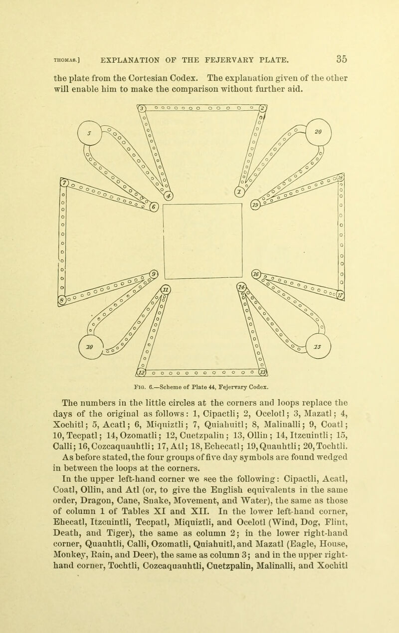the plate from the Cortesian Codex. The explaoatiou given of the other will enable him to make the comparison without further aid. The numbers in the little circles at the corners and loops replace the days of the original as follows: 1, Cipactli; 2, Ocelotl; 3, Mazatl; 4, Xochitl; 5, Acatl; 6, Miqniztli; 7, Qniahuitl; 8, Maliualli; 9, Coatl; 10, Tecpatl; 14, Ozomatli; 12, Cuetzpaliu ; 13, Ollin ; 14, Itzcuintli; 15, Oalli; 16, Cozcaquauhtli; 17, Atl; 18,Echecatl; 19,Quauhtli; 20,Tochtli. As before stated, the four groui)s of five day symbols are found wedged in between the loops at the corners. In the upper left-hand corner we see the following: Cipactli, Acatl, Coatl, Ollin, and Atl (or, to give the English equivalents in the same order. Dragon, Cane, Snake, Movement, and Water), the same as those of column 1 of Tables XI and XII. In the lower left-hand corner, Ehecatl, Itzcuintli, Tecpatl, Miqniztli, and Ocelotl (Wind, Dog, Flint, Death, and Tiger), the same as column 2; in the lower right-hand corner, Quauhtli, Calli, Ozomatli, Qniahuitl, and Mazatl (Eagle, House, Monkey, Eain, and Deer), the same as column 3; and in the upper right- hand corner, Tochtli, Cozcaquauhtli, Cuetzpalin, Malinalli, and Xochitl