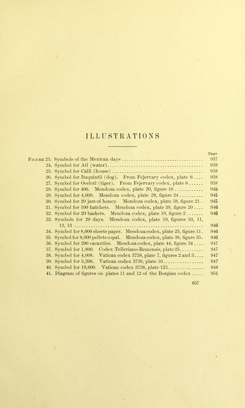 ILLUSTRATIONS Page Figure 23. Symbols of the Mexican days 937 24. Symbol for Atl (water) 938 25. Symbol for Calli (house) 938 26. Symbol for Itzquintli (dog). From Fejervary codex, plate 6 938 27. Symbol for Ocelot! (tiger). From Fejervary codex, plate 6 938 28. Symbol for 400. Mendoza codex, plate 20, figure 16 945 29. Symbol for 4,000. Mendoza codex, plate 28, figure 24 945 30. Symbol for 20 jars of honey. Mendoza codex, plate 38, figure 21 . 945 31. Symbol for 100 hatchets. ^Mendoza codex, plate 39, figure 20 946 32. Symbol for 20 baskets. Mendoza codex, plate 19, figure 2 946 33. Symbols for 20 days. Mendoza codex, plate 19, figures 10, 11, 12, 13 946 34. Symbol for 8,000 sheets paper. jNIendoza codex, plate 25, figure 11. 946 35. Symbol for 8,000 pellets copal. Mendoza codex, plate 38, figure 35. 946 36. Symbol for 200 cacaxtles. Mendoza codex, plate 44, figure 34 947 37. Symbol for 1,800. Codex Telleriano-Remensis, plate 25 947 38. Symbol for 4,008. Vatican codex 3738, plate 7, figures 2 and 3 947 39. Symbol for 5,206. Vatican codex 3738, plate 10 947 40. Symbol for 19,600. Vatican codex 3738, plate 123 948 41. Diagram of figures on plates 11 and 12 of the Borgian codex 951
