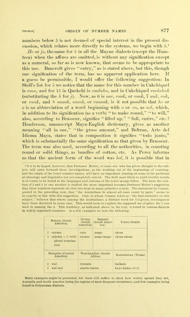 numbers below 6 is not deemed of special interest in the present dis- cussion, which relates more directl}^ to the systems, we begin with 5d Ho oryo, the name for 5 in all the Mayan dialects (except the Huas- teca) when the affixes are ozuitted, is without any signification except as a numeral, so far as is now known, that seems to be appropriate to this use. Bancroft gives ‘‘entry,” as is stated above, but this, though one signitication of the term, has no apparent application here. If a guess be permissilzle, I would offer the following suggestion: In Stoll’s list for 5 we notice that the name for this number in Cakchiziuel is vuoo^ and for 1.5 in Quekchi is 'tmolahu^ and in Cakchicpiel mioJahuk (substituting the A fory). Now, as 6 is xmc^ or vuoh^ 7 uul\ c/zA, or 'tniuk^ and 8 xiaxak\ uaxol\ or vuaxak, is it not possible that ho or 0 is an abbreviation of a word beginning with xi, or vo, as //cV, which, in addition to its signification (as a verb) “to make round.” ‘‘to will.” also, according to Brasseur, signifies “filled up,” “full, entire,” etc.? Hendei’son, manuscript Maya-English dictionary, gives as another meaning ‘‘all in one,” “the gross amount,” and Beltran, Arte del Idioma Maya, states that in composition it sig’iiifies ‘‘todo junto,” which is substantially the same signification as that given by Brasseur. The term was also used, according to all the authorities, in counting round or solid things, as bundles of cotton, etc. As Perez informs us that the ancient foi'in of the word was hoi. it is possible that in ' It is to be hoped however, that Profe.ssor McGee, or some one who has given thouglit to the sub- ject, will carry forward these investigations, as the working out of the beginnings of counting, and the origin of the lower number names, will have an important bearing on some of the problems of ethnology and linguistics not yet comidetely ,solved. The field most likely to yield fruitful results is of course to be found in the languages and customs of the lower savage tribes. The more the rela- tion of 2 and 4 to one another is studied the more important becomes I’rofessor McGee's suggestion that these numbers represent the first two steps in many primitive counts. The statement by Conant, quoted in the preceding note, that the Australians in almost all cases count by pairs,” seems to be exactly in line with this stiggestion, Curr, to whom Conant refers as “ the best authority on this .subject, believes that where (among the Australians) a distinct word for 4 is given, investigators have been deceived in every case. This would seem to exidain the supposed use of pairs; the 2 was used in naming the 4. This tendehey, as indicated above in the text, is found in various dialects in widely separated countries. As a few examples we note the following: Betoya (_South America) Jiviros (South America) Bakairi (South Amer- ica) Torres Straits 2 cayapa 4 cajezea = 2 with plural termina- tion catu eiicatii asage astige-asage okosa okosa-okosji Mosquito (Central .\menca) Watchandies (South •Africa) Karankawa (Texas) 2 wal 4 wal-wal utauara atarra-marra haikaia hayo hakn=2x2 Many examples might be ])resented, but these will suffice to show how widely spread they are Australia and South .\merica being the regions of most frequent occurrence, and few examples being found in Polynesian dialects.