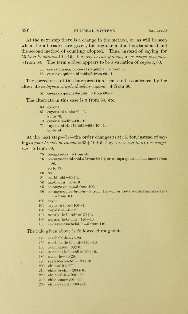 At the next step there is a change in the method, or, as will be seen when the alternates are given, the regular method is abandoned and the second method of counting adopted. Thus, instead of saying for 55 toua &i-cAmo=dO+15, they say ce-caa (juiona, or ce-caayo quiona— 6 from 60. The term quiona appears to be a variation of cayona, 60. 55 ce-caa quiona, or ce-caayo quiona = 5 from 60. 56 ce-caayo quiona-bi-tobi=5 from 60+1. The correctness of this interpretation seems to be confirmed by the alternate ce-tapacaca quizahachaa-cayona—^ from 60. 57 ce-caayo quiona-bi-tobi=5 from 60+2. The alternate in this case is 3 from 60, etc. 60 cayona. 61 cayona-bi-tobi=60+l. So to 70. 70 cayona-bi-chii=60+10. 71 cay ona-bi-chii-bi-tobi=60+10+1. So to 74. At the next step—75—the order changes as at 55, for, instead of say- ing cayo?^a-5^-cA^V-?>^-C(:^aeA6=60^-10+5, they say ce-caa-taa^ or ce-caayo- taa — b from 80. 75 ce-caayo-taa=5 from 80. 76 ce-caayo-taa-bi-tobi=5frora 80+1, or ce-tapa-quizahachaa-taa=4 from 80. So to 79. 80 taa. 81 taa-bi-tobi=80+l. 90 taa-bi-chii=80+10. 95 ce-caayo-quioa=5 from 100. 96 ce-caayo-quioa-bi-tobi=5 from 100+1, or ce-tapa-quizahachaa-cayoa =4 from 100. 100 cayoa. 101 cayoa-bi-tobi=100+l. 120 xopalal-le=6x20. 121 xopalal-le-bi-tobi=120+1. 130 xopalal-le-bi-chii=120+10. 135 ce-caayo-caachelal-le=5 from 140. The rule given above is followed throughout. 140 caachelal-le=7x20. 150 caachelal-le-bi-chii = 140+10. 160 xoonolal-le=8X20. 170 xoonolal-le-bi-chii=160+10. 180 caalal-le=9x20. . 190 eaalal-le-lii-chii = 180+10. 200 chiia=10x20? 210 chiia-l)i-chii=200+10. 220 chiia-cal-le=200+20. 240 chiia-toua=200+40. 260 chiia-cayona=200+60.