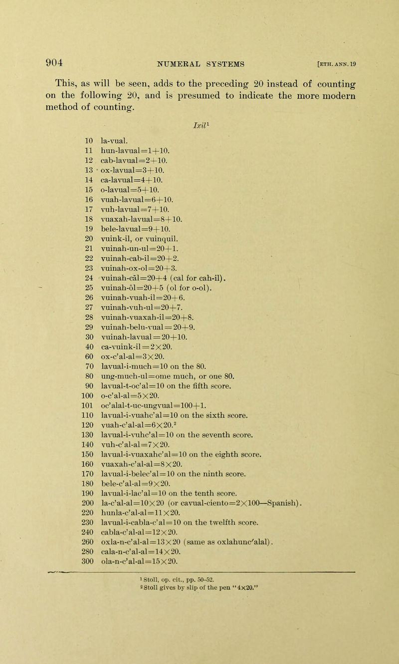 This, as will be seen, adds to the preceding 20 instead of counting on the following 20, and is presumed to indicate the moi’e modern method of counting. JxiP 10 la-vual. 11 hun-lavual=l-)-10. 12 cab-lavual=2+10. 13 • ox-lavual=3+10. 14 ca-lavual=4+10. 15 o-lavual=5+10. 16 vuah-lavual=6+10. 17 vuh-lavual=7+10. 18 vuaxah-lavual=8+10. 19 bele-lavual==9+10. 20 vuink-il, or vuinquil. 21 vuinah-un-ul=20+l. 22 vuinah-cab-il=20+2. 23 vuinah-ox-ol=20+3. 24 vuinah-cal=20+4 (cal for cah-il). 25 vuinah-61=20+5 (ol for o-ol). 26 vuinah-vuah-il=20-)-6. 27 vuinah-vuh-ul=20+7. 28 vuinah-vuaxah-il=20+8. 29 vuinah-belu-vual = 20+9. 30 vuinah-lavual = 20+10. 40 ca-vuink-il = 2x20. 60 ox-c’al-al=3X20. 70 lavual-i-much=10 on the 80. 80 ung-much-ul=ome much, or one 80. 90 lavual-t-oc’al=10 on the fifth score. 100 o-c’al-al=5x20. 101 oc’alal-t-uc-ungvual=100+l. 110 lavual-i-vuahc’al=10 on the sixth score. 120 vuah-c’al-al=6X20.^ 130 lavual-i-iuhc’al=10 on the seventh score. 140 vuh-c’al-al=7x20. 150 lavual-i-vuaxahc’al=10 on the eighth score. 160 vuaxah-c’al-al=8x20. 170 lavual-i-belec’al = 10 on the ninth score. 180 bele-c’al-al=9x20. 190 lavual-i-lac’al=10 on the tenth score. 200 la-c’al-al=10X20 (or ca\nial-ciento=2X100—Spanish). 220 hunla-c’al-al=llX20. 230 lavual-i-cabla-c’al = 10 on the twelfth .score. 240 cabla-c’al-al=12x20. 260 oxla-n-c’al-al = 13X20 (same as oxlahunc'alal). 280 cala-n-c’al-al=14X20. 300 ola-n-c’al-al=15x20. ' Stoll, op. cit., pp. 50-52. 2 Stoll gives by slip of the pen “4x20.”