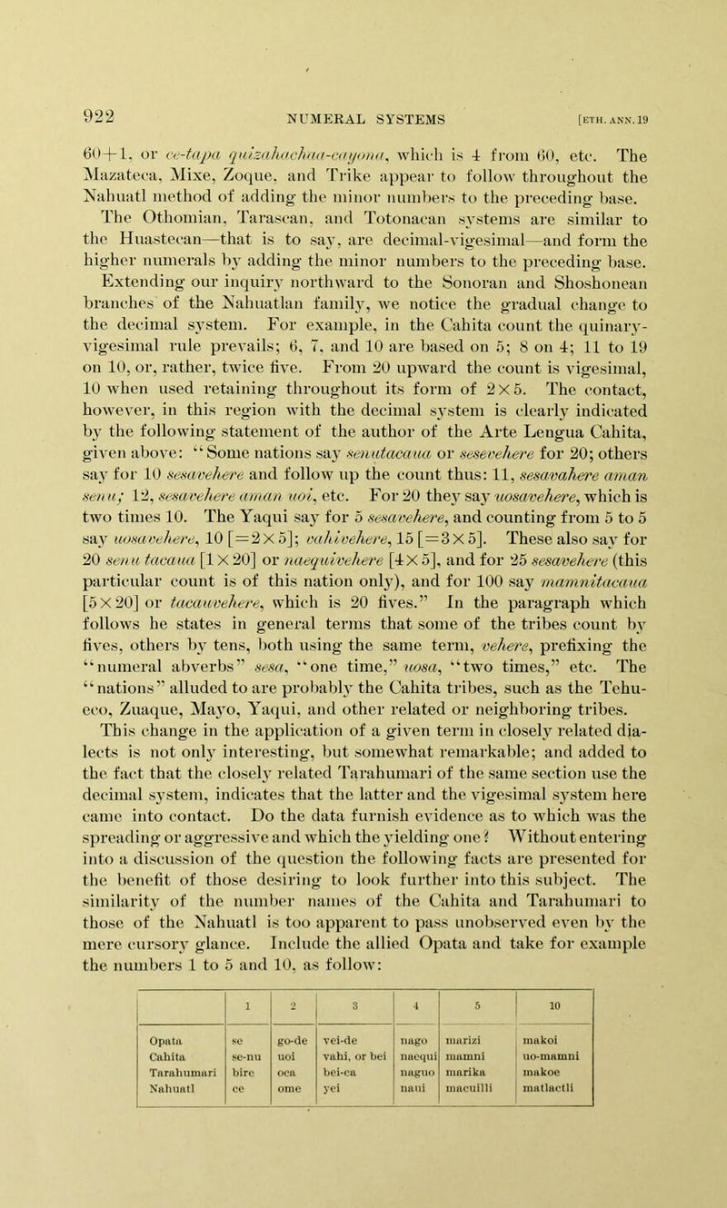 60+L, or ve-tapa qulzaJuichaa-cdijona^ whic-li is -i from 60, etc. The jVIiizateca, Mixe, Zoque, and Trike appear to follow throughout the Nahuatl method of adding the minor numbers to the preceding base. The Othomian, Tarascan, and Totonacan systems are similar to the Huastecan—that is to sa}’, are decimal-vigesimal—and form the higher numerals by adding the minor numbers to the preceding base. Extending our inquiry northward to the Sonoran and Shoshonean branches of the Nahuatlan famil}^, we notice the gradual change to the decimal system. For example, in the Cahita count the quinary- vigesimal rule prevails; 6, 7. and 10 are based on 5; 8 on 4; 11 to 19 on 10, or, rather, twice five. From 20 upward the count is vigesimal, 10 when used retaining throughout its form of 2x5. The contact, however, in this region with the decimal sj-stem is clearly indicated by the following statement of the author of the Arte Lengua Cahita, given above: “Some nations say senutacaua or sesevehere for 20; others say for 10 sesaveliere and follow up the count thus: 11, sesavahere aman sen a,' 12, sesavehere aman aoi^ etc. For 20 the} say xiosavehere^ which is two times 10. The Yaqui say for 5 sesavehere^ and counting from 5 to 5 say uosaoehere^ 10 [=2x5]; vahlvehere, 15 [ = 3X5]. These also say for 20 sen a iacaua [1X 20] or naeqaivehere [dX 5], and for 25 sesavehere (this particular count is of this nation only), and for 100 say mamnitacaaa [5X20] or tacaavehere^ which is 20 lives.” In the paragraph which follows he states in general terms that some of the tribes count by lives, others by tens, both using the same term, vehere^ prefixing the “numeral abverbs” sesa^ “one time,” “two times,” etc. The “nations” alluded to are probably the Cahita tribes, such as the Tehu- eco, Zuaque, Mayo, Yaqui, and other related or neighboring tribes. This change in the application of a given term in closely related dia- lects is not only interesting, but somewhat remarkable; and added to the fact that the closely related Tarahumari of the same section use the decimal system, indicates that the latter and the vigesimal system here came into contact. Do the data furnish evidence as to which was the spreading or aggressive and which the yielding one { Without entering into a discussion of the question the following facts are presented for the l)enetit of those desiring to look further into this subject. The similarity of the number names of the Cahita and Tarahumari to those of the Nahuatl is too apparent to pass unobserved even by the mere cursory glance. Include the allied Opata and take for example the numbers 1 to 5 and 10, as follow: 1 2 3 ■1 5 10 Opata se go-de vei-de nago marizi inakoi Cahita se-nn uoi vahi, or bei nacqui mamni uo-mamni Tarahumari hire oca bei-ca nagno inarika inakoe Nahuatl ce ome yei iiani maeuilli raatlactli