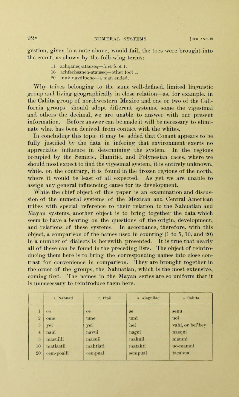 gestion, given in a note above, would fail, the toes Avere brought into the count, as shown b} the following terms: 11 achqaneq-atauseq—first foot 1. 16 achfechsaneo-atauseq—other foot 1. 20 imik iiaA'dlucho—a man ended. Why tribes belonging to the same AA^ell-defined, limited linguistic group and living geographically in close relation—as, for example, in the Cahita group of northwestern Mexico and one or two of the Cali- fornia groups—should adopt different systems, some the vigesimal and others the decimal, we are unable to answer with our present information. Before answer can be made it will be necessary to elimi- nate what has been derived from contact with the whites. In concluding this topic it may be added that Conant appears to be fullv justified by the data in infering that environment exerts no appreciable influence in determining the system. In the regions occupied by the Semitic, Hamitic, and Polynesian races, where we should most expect to find the vigesimal system, it is entirely unknown, while, on the contrary, it is found in the fi’ozen regions of the north, where it would be least of all expected. As yet we are unable to assign any general influencing cause for its development. While the chief object of this paper is an examination and discus- sion of the numeral systems of the Mexican and Central American tribes with special reference to their relation to the Nahuatlan and Mayan systems, another object is to bring together the data which seem to have a bearing on the questions of the origin, development, and relations of these systems. In accordance, therefore, Avith this object, a comparison of the names used in counting (1 to 5,10, and 20) in a number of dialects is herewith presented. It is true that nearly all of these can be found in the preceding lists. The object of reintro- ducing them here is to bring the corresponding names into close con- trast for conA’enience in comparison. They are brought together in the order of the gi’oups, the Nahuatlan, which is the most extensive, coming first. The names in the Mayan series are so uniform that it is unnecessary to reintroduce them here. j. Nahuatl 2. Pipil 3. Alaguilac 4. Cahita 1 ce ce se senu 2 oine lime umi noi yei yei liei A'ahi, or bei’bey 4 iiaui navni nagni iiaequi 5 iiiacuilli niacnil iiiaknil niamni 10 niatlactli inahtlati iiiatakti uo-mamni 20 ccin-poalli ceiiqnial seinjHial tacalma