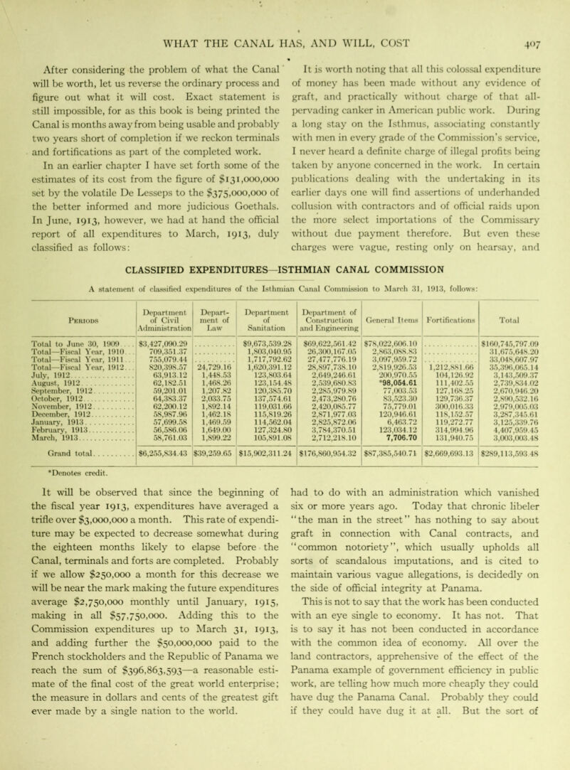 WHAT THE CANAL HAS, AND WILL, COST 4°7 After considering the problem of what the Canal will be worth, let us reverse the ordinary process and figure out what it will cost. Exact statement is still impossible, for as this book is being printed the Canal is months away from being usable and probably two years short of completion if we reckon terminals and fortifications as part of the completed work. In an earlier chapter I have set forth some of the estimates of its cost from the figure of $131,000,000 set by the volatile De Lesseps to the $375,000,000 of the better informed and more judicious Goethals. In June, 1913, however, we had at hand the official report of all expenditures to March, 1913, duly classified as follows: It is worth noting that all this colossal expenditure of money has been made without any evidence of graft, and practically without charge of that all- pervading canker in American public work. During a long stay on the Isthmus, associating constantly with men in every grade of the Commission’s service, I never heard a definite charge of illegal profits being taken by anyone concerned in the work. In certain publications dealing with the undertaking in its earlier days one will find assertions of underhanded collusion with contractors and of official raids upon the more select importations of the Commissary without due payment therefore. Hut even these charges were vague, resting only on hearsay, and CLASSIFIED EXPENDITURES—ISTHMIAN CANAL COMMISSION A statement of classified expenditures of the Isthmian Canal Commission to March 31, 1913, follows: Periods Depart ment of Civil Administration Depart- ment of Law Department of Sanitation Department of Construction and Engineering General Items Fortifications Total Total to Juno 30, 1909 Total—Fiscal Year, 1910.. Total—Fiscal Year, 1911 Total—Fiscal Year, 1912... July, 1912 August, 1912 September, 1912 October, 1912 November, 1912 December, 1912 January, 1913 February, 1913 March, 1913 Grand total S3,427,090.29 709,351.37 755,079.44 820,398.57 63.913.12 62,182.51 59,201.01 04,383.37 62.200.12 58,987.96 57,699.58 56,586.06 58,761.03 24,729.16 1,448.53 1,468.26 1,207.82 2,033.75 1,892.14 1,462.18 1,469.59 1,649.00 1,899.22 $9,673,539.28 1,803,040.95 1,717,792.62 1,620,391.12 123,803.64 123,154.48 120,385.70 137.574.61 119,031.66 115,819.26 114,562.04 127,324.80 105,891.08 $69,622,561.42 26,300,167.05 27,477,776.19 28,897,738.10 2,649,246.61 2,539,680.83 2,285,979.89 2.473.280.76 2.420.085.77 2,871,977.03 2,825,872.06 3,784,370.51 2,712,218.10 8 7''.1122.606 1(1 2,863,088 83 3,097,959 72 2,819,926.53 200,970.55 ‘98,054.61 77,003.53 83,523.30 75,779.01 120,946.61 6.463 72 123,034.12 7,706.70 1,212,881.66 104,126.92 111,402.55 127,168.25 129,736.37 300,016.33 118,152.57 119,272.77 314,994.96 131,940.75 $160,745,797.09 31,675,648 20 33,04S.607.97 35,390,005.14 3.1 13.509.37 2.739.834.02 2,670,946 20 2,890,532.16 2.979.005.03 3.2*7,345.01 3,125,339.76 4,407,959.45 3,003,003.48 $6,255,834.43 *39,259.65 $15,902,311.24 $176,860,954.32 $87,385,540.71 $2,669,693.13 $289,113,59.3 4S ‘Denotes credit. It will be observed that since the beginning of the fiscal year 1913, expenditures have averaged a trifle over $3,000,000 a month. This rate of expendi- ture may be expected to decrease somewhat during the eighteen months likely to elapse before the Canal, terminals and forts are completed. Probably if we allow $250,000 a month for this decrease we wall be near the mark making the future expenditures average $2,750,000 monthly until January, 1915, making in all $57,750,000. Adding this to the Commission expenditures up to March 31, 1913, and adding further the $50,000,000 paid to the French stockholders and the Republic of Panama we reach the sum of S396.863.593—a reasonable esti- mate of the final cost of the great world enterprise; the measure in dollars and cents of the greatest gift ever made by a single nation to the world. had to do with an administration which vanished six or more years ago. Today that chronic libeler “the man in the street” has nothing to say about graft in connection with Canal contracts, and “common notoriety”, which usually upholds all sorts of scandalous imputations, and is cited to maintain various vague allegations, is decidedly on the side of official integrity at Panama. This is not to say that the work has been conducted with an eye single to economy. It has not. That is to say it has not been conducted in accordance with the common idea of economy. All over the land contractors, apprehensive of the effect of the Panama example of government efficiency in public work, are telling how much more cheaply they could have dug the Panama Canal. Probably they could if they could have dug it at all. But the sort of