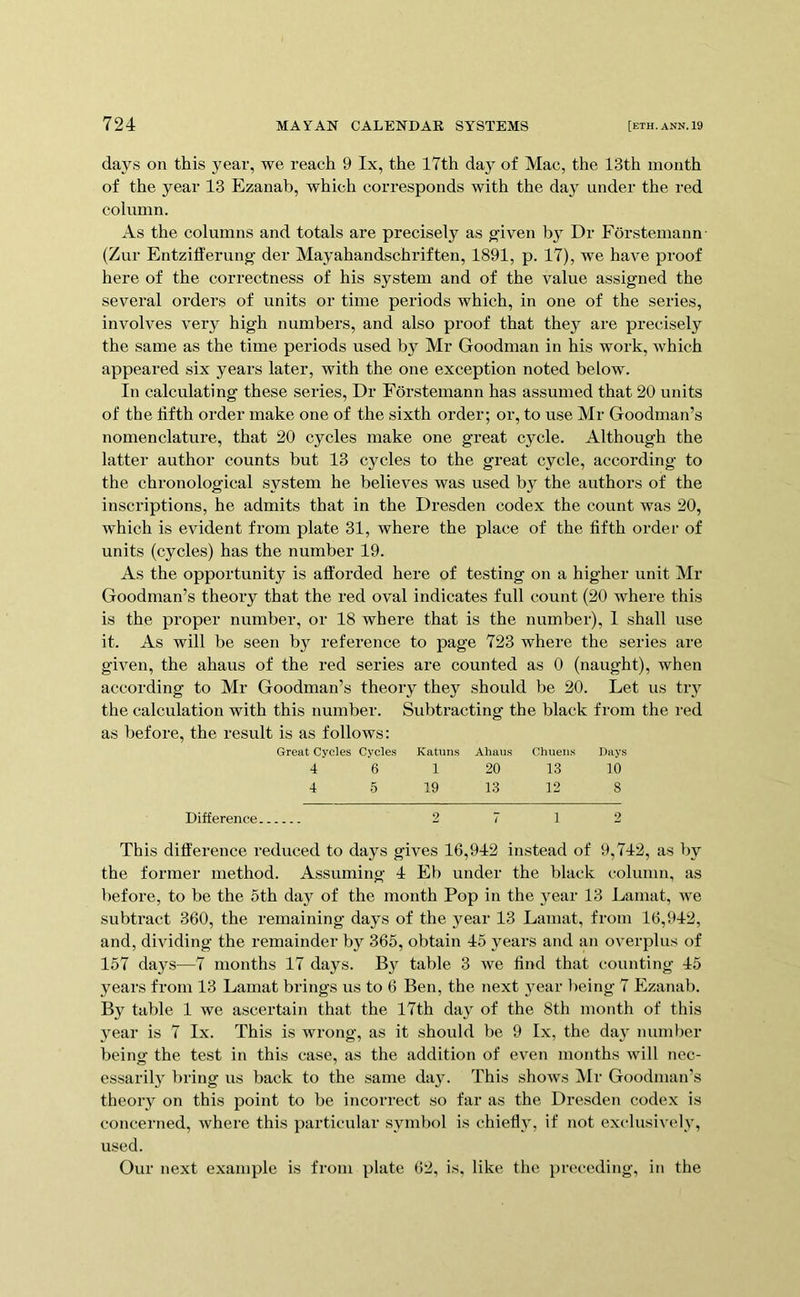 days on this year, we reach 9 Ix, the 17th day of Mac, the 13th month of the year 13 Ezanab, which corresponds with the da}^ under the red column. As the columns and totals are precisely as given by Dr Forstemann (Zur Entzifl’erung der Mayahandschriften, 1891, p. 17), we have proof here of the correctness of his system and of the value assigned the several orders of units or time periods which, in one of the series, involves very high numbers, and also proof that they are precisely the same as the time periods used by Mr Goodman in his work, which appeared six years later, with the one exception noted below. In calculating these series. Dr Forstemann has assumed that 20 units of the fifth order make one of the sixth order; or, to use Mr Goodman’s nomenclature, that 20 cycles make one great cycle. Although the latter author counts but 13 cycles to the great cycle, according to the chi’onological system he believes was used b}^ the authors of the inscriptions, he admits that in the Dresden codex the count was 20, which is evident from plate 31, where the place of the fifth order of units (cycles) has the number 19. As the opportunity is afforded here of testing on a higher unit Mr Goodman’s theory that the red oval indicates full count (20 where this is the proper number, or 18 where that is the number), 1 shall use it. As will be seen by reference to page 723 where the series are given, the ahaus of the red series are counted as 0 (naught), when according to Mr Goodman’s theory they should be 20. Let us try the calculation with this number. Subtracting the black from the red as before, the result is as follows: Great Cycles Cycles Katuns Ahaus Chueiis Days 4 6 1 20 13 10 4 5 19 13 12 8 Difference 2 7 12 This difference reduced to days gives 16,942 instead of 9,742, as by the former method. Assuming 4 Eb under the black column, as before, to be the 6th day of the month Pop in the year 13 Lamat, we subtract 360, the remaining days of the year 13 Lamat, from 16,942, and, dividing the remainder by 365, obtain 45 years and an overplus of 157 days—7 months 17 days. By table 3 we find that counting 45 years from 13 Lamat brings us to 6 Ben, the next year being 7 Ezanab. By table 1 we ascertain that the 17th day of the 8th month of this year is 7 Ix. This is wrong, as it should be 9 Ix, the da}^ number being the test in this case, as the addition of even months will nec- essarily bring us back to the same day. This shows Mr Goodman’s theory on this point to be incorrect so far as the Dresden codex is concerned, where this particular symbol is chiefly, if not exclusively, used. Our next example is from plate 62, is, like the preceding, in the