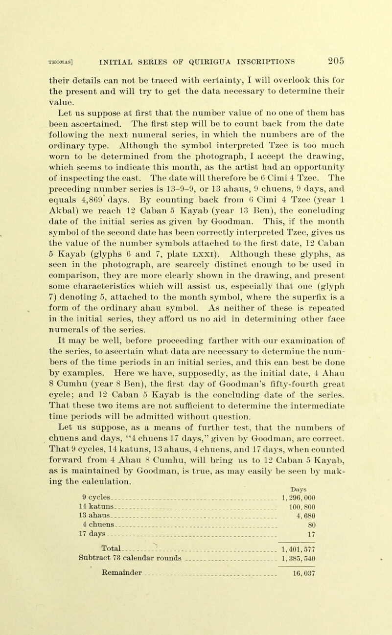 their details can not be traced with certainty, I will overlook this for the present and will try to get the data necessary to determine their value. Let us suppose at first that the number value of no one of them has been ascertained. The first step will be to count back from the date following the next numeral series, in which the numbers are of the ordinary type. Although the sjunbol interpreted Tzec is too much worn to be determined from the photograph, I accept the drawing, which seems to indicate this month, as the artist had an oiiportunity of inspecting the cast. The date will therefore be G Cimi 4 Tzec. The preceding number series is 13-9-9, or 13 ahaus, 9 chuens, 9 days, and equals 4,869* days. By counting back from G Cimi 4 Tzec (year 1 Akbal) we reach 12 Caban 5 Kayab (year 13 Ben), the concluding date of the initial series as given by Goodman. This, if the month symbol of the second date has been correctly interpreted Tzec, gives us the value of the number symbols attached to the first date, 12 Caban 5 Kayab (glyphs 6 and 7, plate LXXl). Although these glyphs, as seen in the photograph, are scarcely distinct enough to be used in comiiarison, they are more clearly shown in the drawing, and jireseut some characteristics which will assist us, especially that one (glj'ph 7) denoting 5, attached to the month symbol, where the superfix is a form of the oi’dinary ahau symbol. As neither of these is repeated in the initial series, they aiford us no aid in determining other face numei’als of the series. It may be well, before proceeding farther with our examination of the series, to ascertain what data are necessary to determine the num- bers of the time periods in an initial series, and this can best be done by examples. Here we have, supiiosedly, as the initial date, 4 Ahau 8 Cumhu (year 8 Ben), the first day of Goodman’s fifty-fourth great cycle; and 12 Caban 5 Kayab is the concluding date of the series. That these two items are not sufficient to determine the intermediate time periods will be admitted without question. Let us suppose, as a means of further test, that the numbers of chuens and days, “4 chuens 17 daj^s,” given by Goodman, are correct. That 9 cycles, 14 katuns, 13 ahaus, 4 chuens, and 17 days, when counted forward from 4 Ahau 8 Cumhu, will bring us to 12 Caban 5 Kayab, as is maintained by Goodman, is true, as may easily be seen by mak- ing the calculation. Days 9 cycles 1,296,000 14 katuns 100.800 13 ahaus 4,680 4 chuens 80 17 days 17 Total j 1,401, .677 Subtract 73 calendar rounds 1,385,540 Remainder 16,037