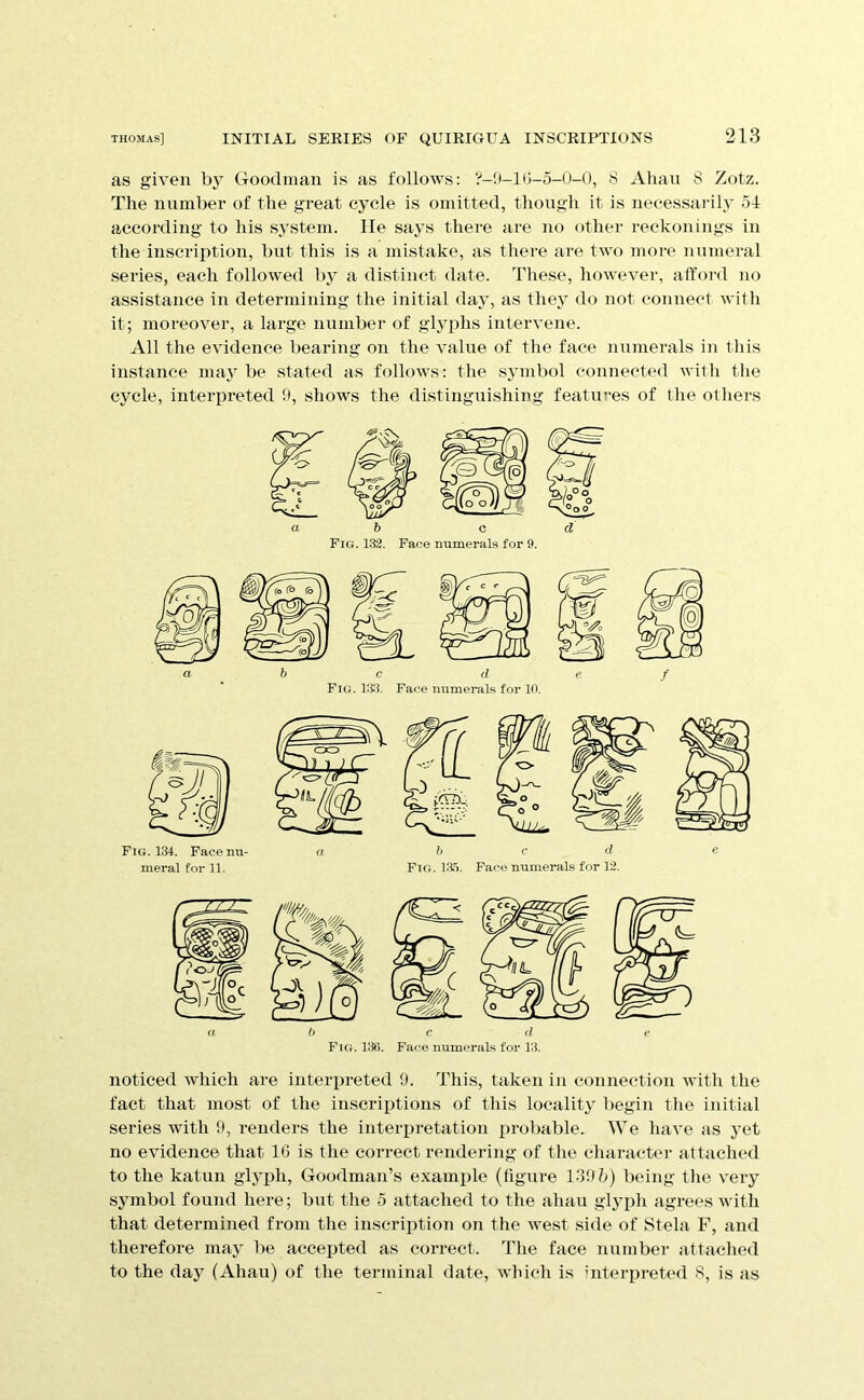 as given by Goodman is as follows: ?-9-10-5-0-0, 8 Ahan 8 Zotz. The number of the great cycle is omitted, though it is necessarily 54 according to his system. He says there are no other reckonings in the inscription, but this is a mistake, as there are two more numeral series, each followed by a distinct date. These, however, afford no assistance in determining the initial daj', as they do not connect with it; moreover, a large number of glyphs intervene. All the evidence bearing on the value of the face numerals in this instance may be stated as follows: the symbol connected with the cycle, interpreted 0, shows the distinguishing features of the others noticed which are interpreted 9. I’his, taken in connection with the fact that most of the in.scriptions of this locality begin the initial series with 9, renders the intei’i>retation probable. We have as yet no evidence that IG is the correct rendering of the character attached to the katun glyph, Goodman’s example (figure 139 h) being the very symbol found here; but the 5 attached to the ahau glyph agrees with that determined from the inscriiition on the west side of Stela F, and therefore may be accepted as correct. The face number attaclu'd to the day (Ahau) of the terminal date, which is ’’nterpreted 8, is as