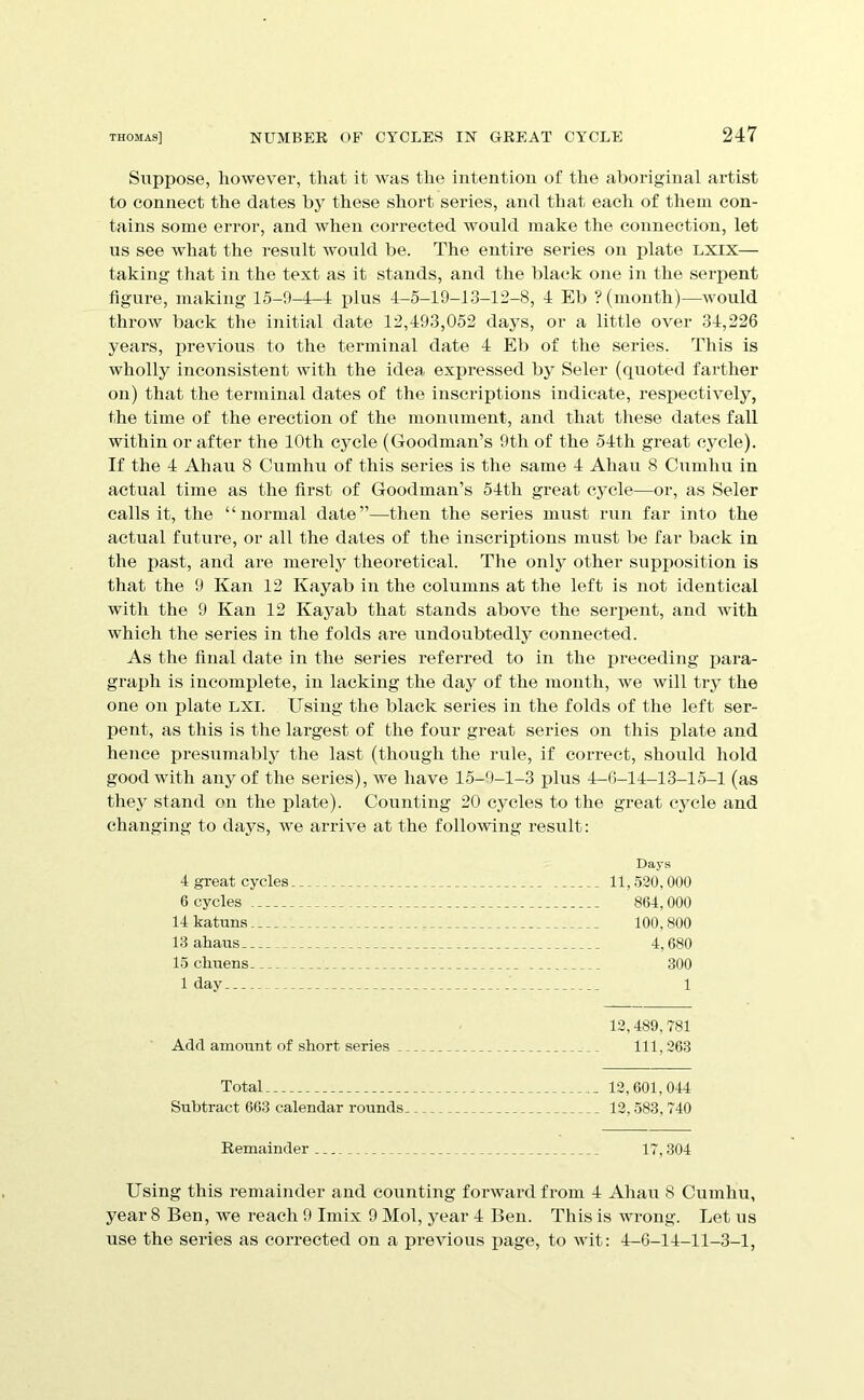 Suppose, however, that it was the intention of the aboriginal artist to connect the dates by these short series, and that each of them con- tains some error, and when corrected would make the connection, let us see what the result would be. The entire seines on plate lxix— taking that in the text as it stands, and the black one in the serpent figure, making 15-9-4-4 jilus 4-5-19-13-12-8, 4 Eb ? (month)—would throw back the initial date 12,493,052 days, or a little over 34,226 years, previous to the terminal date 4 El) of the series. This is wholly inconsistent with the ideai expressed bj Seler (quoted fartlier on) that the terminal dates of the inscriptions indicate, respectively, the time of the erection of the monument, and that these dates fall within or after the 10th cycle (Goodman’s 9th of the 54th great cycle). If the 4 Ahau 8 Cumhu of this series is the same 4 Aliau 8 Cumhu in actual time as the first of Goodman’s 54th great cycle—or, as Seler calls it, the “normal date”—then the series must run far into the actual future, or all the dates of the inscriptions must be far back in the past, and are merely theoretical. The only other supposition is that the 9 Kan 12 Kayab in the columns at the left is not identical with the 9 Kan 12 Kayab that stands above the serpent, and with which the series in the folds are undoubtedly connected. As the final date in the series referred to in the preceding para- graph is incomplete, in lacking the day of the month, we will try the one on plate lxi. Using the black series in the folds of the left ser- pent, as this is the largest of the four great series on this plate and hence presumably the last (though the rule, if correct, should hold good with any of the series), we have 15-9-1-3 j)lus 4-G-14-13-15-1 (as they stand on the plate). Counting 20 cycles to the great cjNde and changing to days, we arrive at the following result: 4 great cycles 6 cycles 14 katuns 13 ahaus _ 15 cliuens 1 day Days 11,.520, 000 864,000 100,800 4,680 300 1 12,489, 781 Add ammiiit of short series 111, 263 Total 12,601,044 Subtract 663 calendar rounds 12, .583,740 Remainder 17,304 Using this remainder and counting forward from 4 Ahau 8 Cumhu, year 8 Ben, we reach 9 Imix 9 Mol, year 4 Ben. This is wrong. Let us use the series as corrected on a previous page, to wit: 4-6-14-11-3-1,