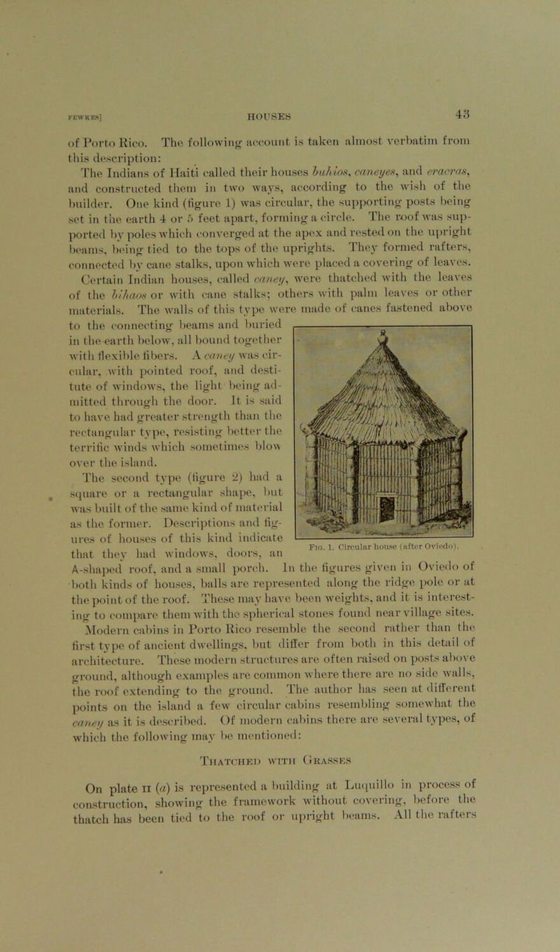 of Porto Rico. The following account is taken almost verbatim from this description: The Indians of Haiti called their houses buhios, caneyes, and eracras, and constructed them in two ways, according to the wish of the builder. One kind (figure 1) was circular, the supporting posts being set in the earth 4 or 5 feet apart, forming a circle. The roof was sup- ported by poles which converged at the apex and rested on the upright beams, being tied to the tops of the uprights. They formed rafters, connected by cane stalks, upon which were placed a covering of leaves. Certain Indian houses, called caney, were thatched with the leaves of the bihaos or with cane stalks; others with palm leaves or other materials. The walls of this type were made of canes fastened above to the connecting beams and buried in the-earth below', all bound together with flexible fibers. A caney was cir- cular, with pointed roof, and desti- tute of windows, the light being ad- mitted through the door. It is said to have had greater strength than the rectangular type, resisting better the terrific winds which sometimes blow over the island. The second type (figure 2) had a square or a rectangular shape, but was built of the same kind of material as the former. Descriptions and fig- ures of houses of this kind indicate that they had windows, doors, an A-shaped roof, and a small porch. In the figures given in Oviedo of •both kinds of houses, balls are represented along the ridge pole or at the point of the roof. These may have been weights, and it is interest- ing to compare them with the spherical stones found near village sites. Modern cabins in Porto Rico resemble the second rather than the first type of ancient dwellings, but differ from both in this detail of architecture. These modern structures are often raised on posts above ground, although examples are common where there are no side walls, the roof extending to the ground. The author has seen at different points on the island a few circular cabins resembling somewhat the caney as it is described. Of modern cabins there are several types, of which the following may be mentioned: Thatched with Grasses On plate ii (a) is represented a building at Luquillo in process of construction, showing the framework without covering, before the thatch has been tied to the roof or upright beams. All the rafters