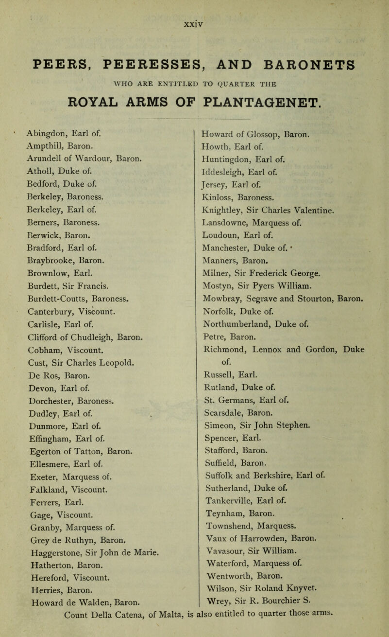 PEERS, PEERESSES, AND BARONETS WHO ARE ENTITLED TO QUARTER THE ROYAL ARMS OP PLANTAGENET. Abingdon, Earl of. Ampthill, Baron. Arundell of Wardour, Baron. Atholl, Duke of. Bedford, Duke of. Berkeley, Baroness. Berkeley, Earl of. Berners, Baroness. Berwick, Baron. Bradford, Earl of. Braybrooke, Baron. Brownlow, Earl. Burdett, Sir Francis. Burdett-Coutts, Baroness, Canterbury, Viscount. Carlisle, Earl of. Clifford of Chudleigh, Baron. Cobham, Viscount. Cust, Sir Charles Leopold. De Ros, Baron. Devon, Earl of. Dorchester, Baroness. Dudley, Earl of. Dunmore, Earl of. Effingham, Earl of. Egerton of Tatton, Baron. Ellesmere, Earl of. Exeter, Marquess of. Falkland, Viscount. Ferrers, Earl. Gage, Viscount. Granby, Marquess of. Grey de Ruthyn, Baron. Haggerstone, Sir John de Marie. Hatherton, Baron. Hereford, Viscount. Herries, Baron. Howard de Walden, Baron. Count Della Catena, of Malta, Howard of Glossop, Baron. Howth, Earl of. Huntingdon, Earl of. Iddesleigh, Earl of. Jersey, Earl of. Kinloss, Baroness. Knightley, Sir Charles Valentine. Lansdowne, Marquess of. Loudoun, Earl of. Manchester, Duke of. * Manners, Baron. Milner, Sir Frederick George. Mostyn, Sir Pyers William. Mowbray, Segrave and Stourton, Baron. Norfolk, Duke of. Northumberland, Duke of. Petre, Baron. Richmond, Lennox and Goidon, Duke of. Russell, Earl. Rutland, Duke of. St. Germans, Earl of. Scarsdale, Baron. Simeon, Sir John Stephen. Spencer, Earl. Stafford, Baron. Suffield, Baron. Suffolk and Berkshire, Earl of. Sutherland, Duke of. Tankerville, Earl of. Teynham, Baron. Townshend, Marquess. Vaux of Harrowden, Baron. Vavasour, Sir William. Waterford, Marquess of. Wentworth, Baron. Wilson, Sir Roland Knyvet. Wrey, Sir R. Bourchier S. is also entitled to quarter those arms.