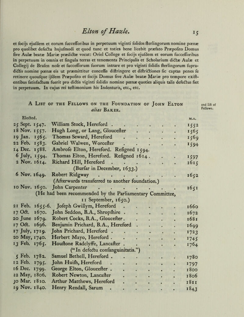 et focijs ejufdem et eorum fucceflbribus in perpetuum viginti folidos fterlingorum nomine poenae pro quolibet defedlu hujufmodi et quod tunc et toties bene licebit praefato Praspofito Domus five Aulae beatae Mariae praedidtae vocat: Oriel College et focijs ejufdem et eorum fucceflbribus in perpetuum in omnia et fingula terras et tenementa Principalis et Scholarium diftae Aulae et Collegij de Brafen nofe et fucceflTorum fuorum intrare et pro viginti folidis fterlingorum fupra- di(ftis nomine poenae eis ut praemittitur concelfis diftringere et diftridliones fic captas penes fe retinere quoufque ijfdem Praepofito et focijs Domus five Aulae beatae Marias pro tempore exift- entibus fatisfa(ftum fuerit pro dicftis viginti folidis nomine poenae quoties aliquis talis defeftus fiet in perpetuum. In cujus rei teftimonium his Indenturis, etc., etc. A List of the Fellows on the Foundation of John Elton alias Baker. and lift of Fellows. Eleded. 25 Sept. 1547. 18 Nov. 1557. 19 Jan. 1565. 22 Feb. 1583. 14 Dec. 1588. 6 July, 1594. 2 Nov. 1614. 6 Nov. 1649. 10 Nov. 1650. (He 21 Feb. 1655- 17 0(ft. 1670. 20 June 1679. 17 06t. 1696. 17 July, 1719* 20 May, 1740. 13 Feb. 1765. 5 Feb. 1782. 12 Feb. 1795. 16 Dec. 1799. 12 May, 1806. JO Mar. 1810. William Stock, Hereford ...... Hugh Long, or Lang, Gloucefter . . . . Thomas Seward, Hereford . . . . . Gabriel Walwen, Worcefter . . . . . Ambrofe Elton, Hereford. Refigned 1594. Thomas Elton, Hereford. Refigned 1614. Richard Hill, Hereford ...... (Burfar in December, 1633.) Robert Ridgway ....... (Afterwards transferred to another foundation.) John Carpenter ....... had been recommended by the Parliamentary Committee, II September, 1650.) 6. Jofeph Gwillym, Hereford John Seddon, B.A., Shropfhire . Robert Cocks, B.A., Gloucefter. Benjamin Prichard, B.A., Hereford John Prichard, Hereford . Herbert Mayo, Hereford . Houftone Radclyffe, Lancafter . (“In defedtu confanguinitatis.”) Samuel Bethell, Hereford . John Huifh, Hereford George Elton, Gloucefter . Robert Newton, Lancafter Arthur Matthews, Hereford Henry Rendall, Sarum 1552 1565 1569 1594 1597 1615 1652 1651 1660 1672 1681 1699 1723 1745 1764 1780 1797 1800 1806 1811 1843