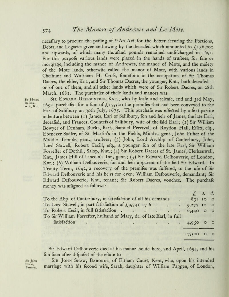 Sir Edward Defbou- verie, Knt. Sir John Shaw, Baronet. 574 The Manors of Andrewes and Le Mote, neceflary to procure the pafling of “ An A<5t for the better fecuring the Portions, Debts, and Legacies given and owing by the deceafed which amounted to ,^136,000 and upwards, of which many thoufand pounds remained undifcharged in 1691. For this purpofe various lands were placed in the hands of truftees, for fale or mortgage, including the manor of Andrewes, the manor of Mote, and the moiety of the Mote lands, otherwife called the manor of Mote, with various lands in Chelhunt and Waltham H. Crofs, fometime in the occupation of Sir Thomas Dacres, the elder, Knt., and Sir Thomas Dacres, the younger, Knt., both deceafed— or of one of them, and all other lands which were of Sir Robert Dacres, on 28th March, 1681. The purchafer of thefe lands and manors was Sir Edward Desbouverie, Knt., who by leafe and releafe, 2nd and 3rd May, 1692, purchafed for a fum of ,^17,500 the premifes that had been conveyed to the Earl of Salifbury on 30th July, 1675. This purchafe was effedled by a fextipartite indenture between (i) James, Earl of Salilbury, fon and heir of James, the late Earl, deceafed, and Frances, Countefs of Salilbury, wife of the faid Earl; (2) Sir William Bowyer of Denham, Bucks, Bart., Samuel Percivall of Roydon Hall, Eflex, efq., Ebenezer Sadler, of St. Martin’s in the Fields, Middx., gent., John Filber of the Middle Temple, gent., truftees; (3) John, Lord Archbp. of Canterbury, John, Lord Stawell, Robert Cecill, efq., a younger fon of the late Earl, Sir William Forrefter of Dothill, Salop, Knt.; (4) Sir Robert Dacres of St. James’, Clerkenwell, Knt., James Hill of Lincoln’s Inn, gent.; (5) Sir Edward Delbouverie, of London, Knt.; (6) William Delbouverie, fon and heir apparent of the faid Sir Edward. In Trinity Term, 1692, a recovery of the premifes was fuffered, to the ufe of Sir Edward Delbouverie and his heirs for ever; William Delbouverie, demandant; Sir Edward Delbouverie, Knt., tenant; Sir Robert Dacres, vouchee. The purchafe money was alTigned as follows: To the Abp. of Canterbury, in fatisfadion of all his demands To Lord Stawell, in part fatisfadion of ^9,745 17 6 . To Robert Cecil, in full fatisfadion ...... To Sir William Forrefter, hulband of Mary, dr. of late Earl, in full fatisfadion ......... I d. 832 10 o 5,277 10 o 6,440 o o 4,950 o o 17,500 o o Sir Edward Delbouverie died at his manor houfe here, 2nd April, 1694, and his fon foon after difpofed of the eftate to Sir John Shaw, Baronet, of Eltham Court, Kent, who, upon his intended marriage with his fecond wife, Sarah, daughter of William Paggen, of London,