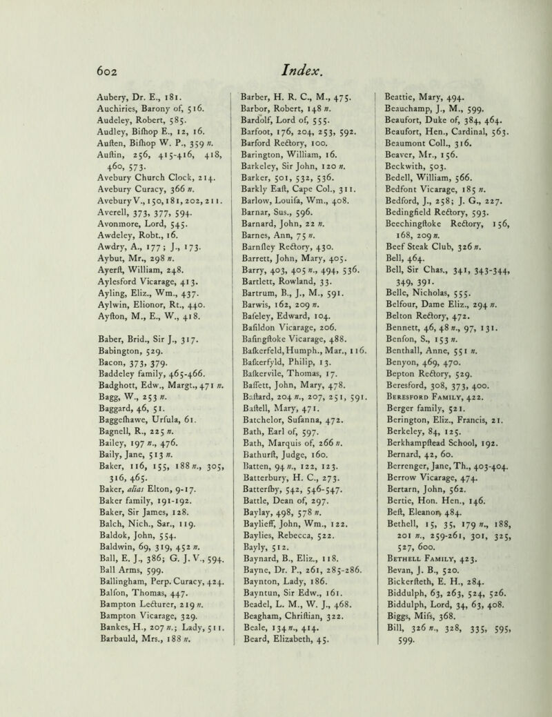 Aubery, Dr. E., i8i. Auchiries, Barony of, 516. Audeley, Robert, 585. Audley, Bilhop E., 12, 16. Auften, Bifhop W. P., 359 n. Auftin, 256, 415-416, 418, 460, 573- Avebury Church Clock, 214. Avebury Curacy, 366 n. Avebury V., 150,181, 202, 211. Averell, 373, 377, 594. Avonmore, Lord, 545. Awdeley, Robt., 16. Awdry, A., 177; J., 173. Aybut, Mr., 298 n. Ayerft, William, 248. Aylesford Vicarage, 413. Ayling, Eliz., Wm., 437. Aylwin, Elionor, Rt., 440. Ayrton, M., E., W., 418. Baber, Brid., Sir J., 317. Babington, 529. Bacon, 373, 379. Baddeley family, 465-466. Badghott, Edw., Margt., 471 n. Bagg, W., 253 n. Baggard, 46, 51. Baggefliawe, Urfula, 61. Bagnell, R., 225 w. Bailey, 197 n., 476. Baily, Jane, 513 ». Baker, 116, 155, i88»., 305, 316, 465. Baker, alias Elton, 9-17. Baker family, 191-192. Baker, Sir James, 128. Balch, Nich., Sar., 119. Baldok, John, 554. Baldwin, 69, 319, 452 ». Ball, E.J., 386; G. J.V.,594. Ball Arms, 599. Ballingham, Perp. Curacy, 424. Balfon, Thomas, 447. Bampton Lefturer, 219?/. Bampton Vicarage, 329. Bankes, H., 207 Lady, 5 11. Barbauld, Mrs., 188 ». Barber, H. R. C., M., 475. Barbor, Robert, 148 n. Bardolf, Lord of, 555. Barfoot, 176, 204, 253, 592. Barford Reftory, 100. Barington, William, 16. Barkeley, Sir John, 120 n. Barker, 501, 532, 536. Barkly Eart, Cape Col., 311. Barlow, Louifa, Wm., 408. Barnar, Sus., 596. Barnard, John, 22 n. Barnes, Ann, 75 «. Barnfley Reftory, 430. Barrett, John, Mary, 405. j Barry, 403, 405 n., 494, 536. 1 Bartlett, Rowland, 33. Bartrum, B., J., M., 591. Barwis, 162, 209 n. Bafeley, Edward, 104. Bafildon Vicarage, 206. Bartngrtoke Vicarage, 488. Bafkerfeld, Humph., Mar., 116. Bafkerfyld, Philip, 13. Bafkervile, Thomas, 17. Baffett, John, Mary, 478. B.-irtard, 204 »., 207, 251, 591. Bartell, Mary, 471. Batchelor, Sufanna, 472. Bath, Earl of, 597. Bath, Marquis of, 266 «. Bathurrt, Judge, 160. Batten, 94 »., 122, 123. Batterbury, H. C., 273. Batterfby, 542, 546-547. Battle, Dean of, 297. Baylay, 498, 578 ». Baylieff, John, Wm., 122. Baylies, Rebecca, 522. Bayly, 512. Baynard, B., Eliz., 118. Bayne, Dr. P., 261, 285-286. : Baynton, Lady, i86. I Bayntun, Sir Edw., 161. Beadel, L. M., W. J., 468. Beagham, Chrirtian, 322. Beale, 134??., 414. Beard, Elizabeth, 45. Beattie, Mary, 494. Beauchamp, J., M., 599. Beaufort, Duke of, 384, 464. Beaufort, Hen., Cardinal, 563. Beaumont Coll., 316. Beaver, Mr., i 56. Beckwith, 503. Bedell, William, 566. Bedfont Vicarage, 185 ». Bedford, J., 258; J. G., 227. Bedingfield Reftory, 593. Beechingrtoke Redlory, 156, 168, 209 ». Beefsteak Club, 326«. Bell, 464. Bell, Sir Chas., 341, 343-344, 349. 39 >• Belle, Nicholas, 555. Belfour, Dame Eliz., 294 n. Belton Redlory, 472. Bennett, 46, 48 w., 97, 131. Benfon, S., 153 n. Benthall, Anne, 551 «. Benyon, 469, 470. Bepton Reftory, 529. Beresford, 308, 373, 400. Beresford Family, 422. Berger family, 521. Berington, Eliz., Francis, 21. Berkeley, 84, 125. Berkhamprtead School, 192. Bernard, 42, 60. Berrenger, Jane, Th., 403-404. Berrow Vicarage, 474. Bertarn, John, 562. Bertie, Hon. Hen., 146. Bert, Eleanoiv 484. Bethell, 15, 35, 179 «., 188, 201 «., 259-261, 301, 325, 527, 600. Bethell Family, 423. Bevan, J. B., 520. Bickerrteth, E. H., 284. Biddulph, 63, 263, 524, 526. Biddulph, Lord, 34, 63, 408. Biggs, MIfs, 368. Bill, 32621., 328, 335, 595, 599-