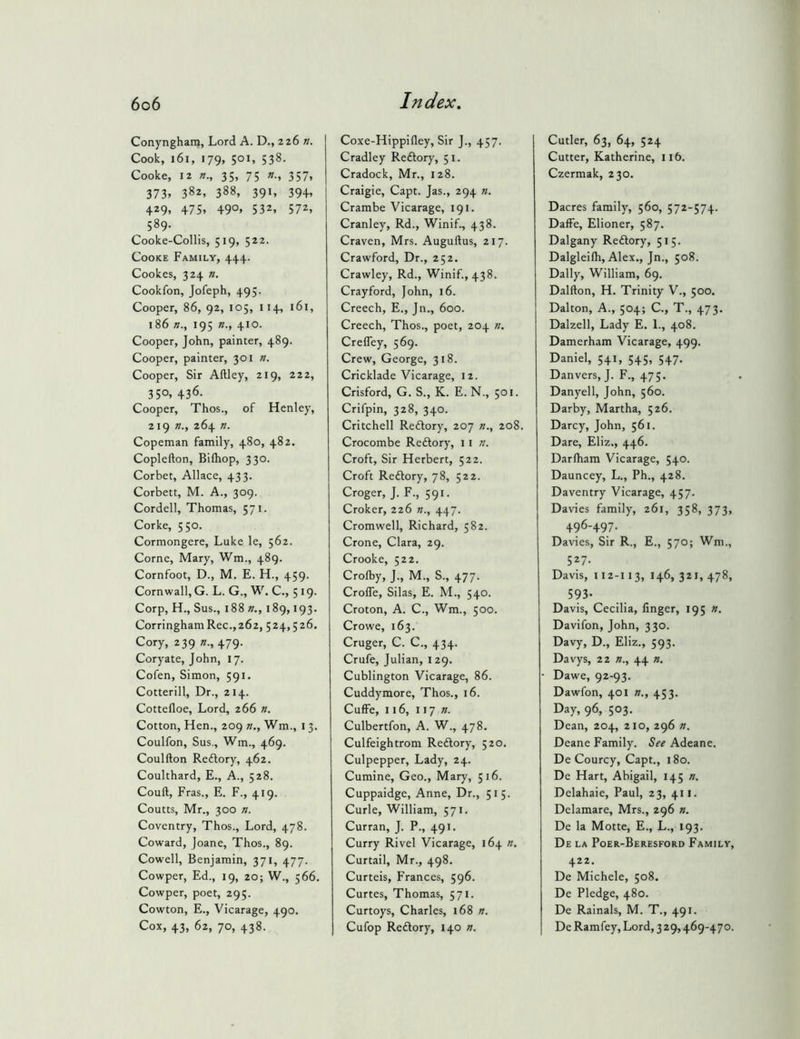 Conyngham, Lord A. D., 2z6 n. Cook, i6i, 179, 501, 538. Cooke, 12 35, 75 w., 357, 373» 382, 388, 391, 394^ 429. 475. 49°. 532. 572, 589. Cooke-Collis, 519, 522. Cooke Family, 444. Cookes, 324 n. Cookfon, Jofeph, 495. Cooper, 86, 92, 105, 114, 161, 186 195 410. Cooper, John, painter, 489. Cooper, painter, 301 n. Cooper, Sir Aftley, 219, 222, 350. 436. Cooper, Thos., of Henley, 219 n.y 264 n. Copeman family, 480, 482. Coplefton, Bifhop, 330. Corbet, Allace, 433. Corbett, M. A., 309. Cordell, Thomas, 571. Corke, 550. Cormongere, Luke le, 562. Come, Mary, Wm., 489. Cornfoot, D., M. E. H., 459. Cornwall, G. L. G., W. C., 519- Corp, H., Sus., 188 189,193. Corringham Rec., 262, 5 24,526. Cory, 239 n., 479. Coryate, John, 17. Cofen, Simon, 591. Cotterill, Dr., 214. Cottefloe, Lord, 266 n. Cotton, Hen., 209 n., Wm., 13. Coulfon, Sus., Wm., 469. Coulfton Reilory, 462. Coulthard, E., A., 528. Couft, Fras., E. F., 419. Coutts, Mr., 300 n. Coventry, Thos., Lord, 478. Coward, Joane, Thos., 89. Cowell, Benjamin, 371, 477. Cowper, Ed., 19, 20; W., 566, Cowper, poet, 295. Cowton, E., Vicarage, 490. Cox, 43, 62, 70, 438. Coxe-Hippifley, Sir J., 457. Cradley Reftory, 51. Cradock, Mr., 128. Craigie, Capt. Jas., 294 n. Crambe Vicarage, 191. Cranley, Rd., Winif., 438. Craven, Mrs. Auguftus, 217. Crawford, Dr., 252. Crawley, Rd., Winif., 438. Crayford, John, 16. Creech, E., Jn., 600. Creech, Thos., poet, 204 n. Crefley, 569. Crew, George, 318. Cricklade Vicarage, 12. Crisford, G. S., K. E. N., 501. Crifpin, 328, 340. Critchell Reftory, 207 «., 208. Crocombe Redlory, 11 n. Croft, Sir Herbert, 522. Croft Reftory, 78, 522. Croger, J. F., 591. Croker, 226 «., 447. Cromwell, Richard, 582. Crone, Clara, 29. Crooke, 522. Cro%, J., M., S., 477. Crofle, Silas, E. M., 540. Croton, A. C., Wm., 500. Crowe, 163. Cruger, C. C., 434. Crufe, Julian, 129. Cublington Vicarage, 86. Cuddymore, Thos., 16. Cuffe, 116, 117 n. Culbertfon, A. W., 478. Culfeightrom Reftory, 520. Culpepper, Lady, 24. Cumine, Geo., Mary, 516. Cuppaidge, Anne, Dr., 515. Curie, William, 571. Curran, J. P., 491. Curry Rivel Vicarage, 164 n. Curtail, Mr., 498. Curteis, Frances, 596. Curtes, Thomas, 571. Curtoys, Charles, 168 n. Cufop Reftory, 140 n. Cutler, 63, 64, 524 Cutter, Katherine, 116. Czermak, 230. Dacres family, 560, 572-574. Daffe, Elioner, 587. Dalgany Reftory, 515. Dalgleilh, Alex., Jn., 508. Dally, William, 69. Dalfton, H. Trinity V., 500. Dalton, A., 504; C., T., 473. Dalzell, Lady E. 1., 408. Damerham Vicarage, 499. Daniel, 541, 545, 547. Danvers, J. F., 475. Danyell, John, 560. Darby, Martha, 526. Darcy, John, 561. Dare, Eliz., 446. Darfliam Vicarage, 540. Dauncey, L., Ph., 428. Daventry Vicarage, 457. Davies family, 261, 358, 373, 496-497. Davies, Sir R., E., 570; Wm., 527- Davis, 112-113, 146,321,478, 593- Davis, Cecilia, finger, 195 n. Davifon, John, 330. Davy, D., Eliz., 593. Davys, 22 w., 44 n. • Dawe, 92-93. Dawfon, 401 n., 453. Day, 96, 503. Dean, 204, 210, 296 n. Deane Family. See Adeane. De Courcy, Capt., 180. De Hart, Abigail, 145 2?. Delahaie, Paul, 23, 411. Delamare, Mrs., 296 n. De la Motte, E., L., 193. De la Poer-Beresford Family, 422. De Michele, 508. De Pledge, 480. De Rainals, M. T., 491. De Ramfey, Lord, 329,469-470.