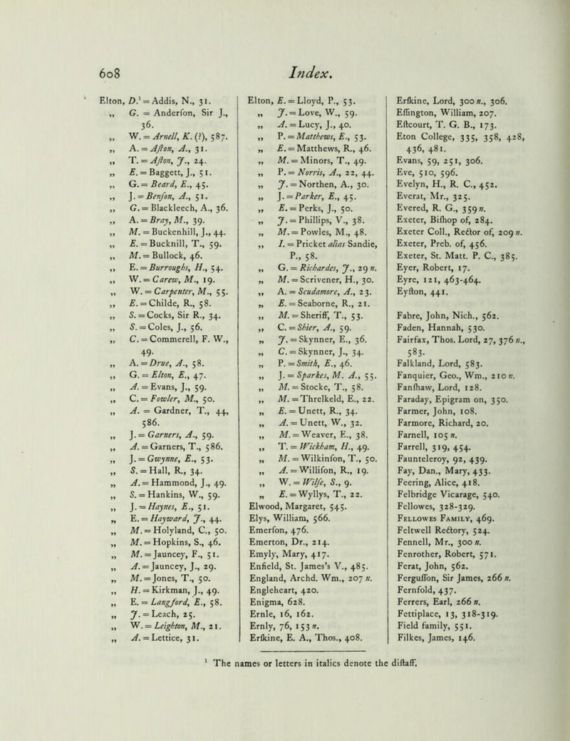 Elton, >> 9f 5> »> 99 99 99 99 99 99 99 99 99 99 99 99 99 99 99 99 99 99 99 99 99 99 99 99 99 99 99 99 99 99 Z).' = Addis, N., 31. G. = Anderfon, Sir J., 36. ^. = Arnell, K.{f), 587. A. = Aft on. A., 31. T. = Afton, J., 24. £. = Baggett, J., 51. G. = Beard, E., 45. ]. = Benfon. A., 51. G.= Blackleech, A., 36. A. = Bray, M., 39. M. = Buckenhill, J., 44. = Bucknill, T., 59. M. = Bullock, 46, Yi. — Burroughs, H., 54. W. = Carew, M., 19. W. = Carpenter, M., 55. E. = Childe, R., 58. S. = Cocks, Sir R., 34. S. = Coles, J., 56. C. = Commerell, F. W., 49. A. = Drue, A., 58. G. = Elton, E., 47. A. = Evans, J., 59. C. = Fowler, M., 50. A. = Gardner, T., 44, 586. J. = Garners, A., 59. ^. = Garners, T., 586. J. = Gwynne, E., 53. S. = Hall, R., 34. ^. = Hammond, J., 49. S. = Hankins, W., 59. ]. — Haynes, E., 51. E. = Hayward, J., 44. M. = Holyland, C., 50. M. = Hopkins, S., 46. M. = Jauncey, F., 51. = Jauncey, J., 29. M. = Jones, T., 50. H. = Kirkman, J., 49. Y. — Langford, E., 58. 7, = Leach, 25. W. = Leighton, M., 21. A. = Lettice, 31. Elton, £. = Lloyd, P., 53. „ 7. = Love, W., 59. „ A. = Lucy, J., 40. ,, Y. = Matthews, E., 53. „ E. = Matthews, R., 46. ,, M. = Minors, T., 49. ,, P. = Norris, A., 22, 44. „ 7- = Northen, A., 30. „ ]. = Parker, E., „ E. = Perks, J., 50. „ 7. = Phillips, V., 38. ,, M. = Powles, M., 48. „ I. = Pricket alias Sandie, P., 58. ,, G. = Richardes, J., 29 «. „ M. = Scrivener, H., 30. „ A. = Scudamore, A., 23. „ £. = Seaborne, R., 21. „ M. = Sheriff, T., 53. ,, C. = S^zVr, A., 59. „ 7, = Skynner, E., 36. „ C. = Skynner, J., 34. „ P. = Smith, E., 46. „ ]. = Sparkes,M. A., 55. ,, Af. = Stocke, T., 58. „ M. =Threlkeld, E., 22. „ £. = Unett, R., 34. ,, = Unett, W., 32. „ M. = Weaver, E., 38. ,, T. = Wickham, H., 49. „ M. = Wilkinfon, T., 50. ,, = Willifon, R., 19. „ W. = ^//., 5., 9. „ £. =Wyllys, T., 22. Elwood, Margaret, 545. Elys, William, 566. Emerfon, 476. Emerton, Dr., 214. Emyly, Mary, 417. Enfield, St. James’s V., 485. England, Archd. Wm., 207//. Engleheart, 420. Enigma, 628. Ernie, 16, 162. Ernly, 76, I53». Erfkine, E. A., Thos., 408. Erfkine, Lord, 300«., 306. Effington, William, 207. Eftcourt, T. G. B., 173. Eton College, 335, 358, 428, 436, 481. Evans, 59, 251, 306. Eve, 510, 596, Evelyn, H., R. C., 452. Everat, Mr., 325. Evered, R. G., 359K. Exeter, Bifhop of, 284. Exeter Coll., Reftor of, 209 n. Exeter, Preb. of, 456. Exeter, St. Matt. P. C., 385. Eyer, Robert, 17. Eyre, 121, 463-464. Eyfton, 441. Fabre, John, Nich., 562. Faden, Hannah, 530. Fairfax, Thos. Lord, 27, 376 n., 583- Falkland, Lord, 583. Fanquier, Geo., Wm., 210 k. Fanfhaw, Lord, 128. Faraday, Epigram on, 350. Farmer, John, 108. Farmore, Richard, 20, Farnell, 105 ». Farrell, 319, 454. Faunteleroy, 92, 439. Fay, Dan., Mary, 433. Feering, Alice, 418. Felbridge Vicarage, 540. Fellowes, 328-329. Fellowes Family, 469. Feltwell Reftory, 524. Fennell, Mr., 300 ». Fenrother, Robert, 571. Ferat, John, 562. Ferguffon, Sir James, 266 n. Fernfold, 437. Ferrers, Earl, 266 n, Fettiplace, 13, 318-319. Field family, 551. Filkes, James, 146. ’ The names or letters in italics denote the diftaff.