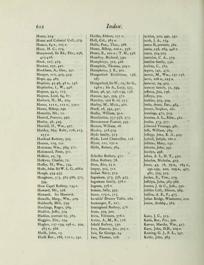 Home, 219. Home and Colonial Coll., 279. Homes, 64 105 n. Hony, H. C., 174. Honywood, Sir Ed., Eliz., 256, 415-416. Hook, 227, 419. Hooker, 231, 421. Hookham, A., Geo., 541. Hooper, iii, 423, 459. Hope, 44, 485. Hopkins, 45-46, 48 »., 548. Hopkinfon, I., W., 448. Hopton, 94 «., 11 5. Hopton, Lord, 84, 87. Horlock, H., M., 204. Horne, 111 »., 112 339 n. Horne, Billiop, 292. Horneby, Mr., 12. Horred,.Frances, 490. Horfey, 98, 429. Horsfall, D., Wm., 427, Horfley, Maj. Robt., 176, 213, 253 »- Horftead Redory, 503. Horton, 119, 121. Hofeman, Wm., 569, 571. Hofemond, Peter, 571. Hofkins, 20, 79._ Flolkyns, Charles, 72. Hoffey, M., Wm., 534. Hofte, Adm. SirW. L. G., 266». Hough, 454-+5S- Houghton, 373, 385-386, 571, 59+- How Capel Redory, 134 ». Howard, Mr., 326. Howarth. See Haworth. Howells, Marg., Wm., 409. Hubburlh, Mifs, 539. Huckings, Roger, 589. Hudfon, Jeflie, 529. Hudfon, portrait by, 583. Huggins, Eliz., 124. Hughes, i37->39> 296 »•» 302, 363 368. Huilh, John, 1 5. Huilh Rec., 168, \~on., 591. Huifhe, Ebbott, W] n. Hull, Col., 363 n. Hulfe, Fras., Thos., 588. Hume, Bilhop, loon.^ 358. Hume, E., 200 n.; T. H., 358. Humfrey, Richard, 590. Humphreys, 322, 428. Humphrie, Thomas, 509 n. Humphries, J. B., 301. Hungerford Exhibition, 156, 167. Hungerford,Sir W., i2;SirG., 146 Sir A., Lucy, 535. Hunt, 96, 97, 138-139, 158. Hunter, 341, 529, 571. Huntley, 2nd E. of, 515. Hurley, M., Mich., 480. Hurft, 26, 392, 427. HulTey, William, 90 n. Hutchinfon, 357-358, 373. Hutchinson Family, 495. Hutton, William, 16. Huxley, 318-319. Hyde family, 51 5. Hyde, Lord Chancellor, 128. Hyett, 121, 131 n. Hylle, Robert, 564. Ilchefter Redory, 471. Ilfton Redory, 76. Ikon, Alse, 23 n. Impey, 305, 312. Indian Navy, 313. Ingraham, 373, 376, 433. Ingraham family, 376 Ingram, 376 n. Inman, Sally, 493. Innes, 179 »., 51 5. Invalids’ Dinner Table, 282. Iremonger, F., 227. 1 Irmingland Redory, 478. Irons, 302, 320. Irvin, Vifcount, 376//. Irvine, A., M., R., 516. Isfield Redory, 530. Ives, Frances, Jer., 305 n. Ivie, Sir George, 24. I we, Thomas, 116. ; Jackfon, 320, 490, 591, Jacob, J. A., 174. James II, portrait, 582. i James, 258, 263, 448 n. Jamet, 504-505. Jamiefon, C. A., 379. Jamifon family, 550. Janfens, C., 583. Jaques, 141, 472. Jarrett, M., Wm., 137-138. Jarvis, 108 223 n. Jauncey, 29, 425. Jauncey family, 51, 599. JefFeres, Jois, 136. JefFerys, 502. Jenkins, 305, 309. Jenks, Anne, Dav., 464. Jenner, Stephen, 162. Jennings, 471, 523, Jennins, A. L., Edm., 482. Jenfen, 373, 377. Jefmond Vicarage, 481. JelFe, William, 589. JelFopp, John, K. A., 429. Jeykell, Jofeph, i8o». Jobbins, Mary, 130. Joberns, John, 341. Jocelyn, 498. Johns, A. S., H. T., 450. Johnfon, Nicholas, 403. Jones, 43, 78, 79»., 184 191-192, 200, 209»., 407 461, 503, 505, Jordan, E., Tim., 279. JolFelyn, John, 565-566. Jowett, J. de C., Jofh., 530. I Jubilee Coll., Illinois, 369. Judfon, A. E., F., 475. I Julian Bridge, Wimborne, 212 j Juxon, Archbp., 583, I I I Kane, J. C., 515. I Karfe, Bar., Pet., 320. Karver, Martha, Wm., 417. ' Kaye, John, D.D., 209 n. Keating, G. J., F. L., 547. Keble, John, 363.