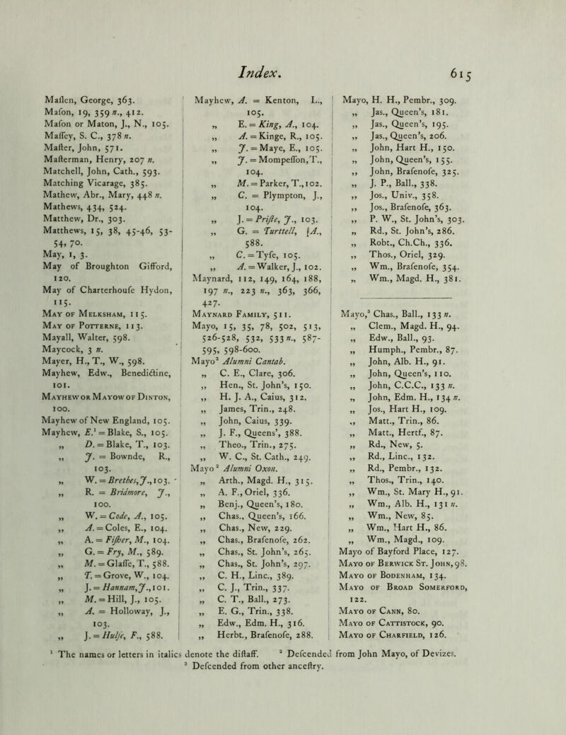 Mallcn, George, 363. ' Mayhew, A. = Kenton, L., Mayo, H. H., Pembr., 309. Mafon, 19, 359 »., 412. 105. „ Jas., Queen’s, 181. Mafon or Maton, J., N., 105. E. = King, A., 104. „ Jas., Queen’s, 195. Malfey, S. C., 378 «. „ = Kinge, R., 105. ,, Jas., Queen’s, 206. Mailer, John, 571. 7- = Maye, E., 105. „ John, Hart H., 150. Mafterman, Henry, 207 n. ,, y. = MompelTon,T., „ John, Queen’s, 155. Matehell, John, Cath., 593. : 104. ,, John, Brafenofe, 325. Matehing Viearage, 385. ^ ,, M. = Parker, T., 102. „ J. P., Ball., 338. Mathew, Abr., Mary, 448 n. 1 ,, C. = Plympton, J., „ Jos., Univ., 358. Mathews, 434, 524. 104. ,, Jos., Brafenofe, 363. Matthew, Dr., 303. » ]• = Prifle, J., \o-i. ,, P. W., St. John’s, 303 Matthews, 15, 38, 45-46, 53- ,, G, = Furttell, \A., „ Rd., St. John’s, 286. 5+. 7°- 588. „ Robt., Ch.Ch., 336. May, I, 3. C. = Tyfe, 105. ,, Thos., Oriel, 329. May of Broughton Gifford, ,, = Walker, J., 102. „ Wm., Brafenofe, 354. 120. Maynard, 112, 149, 164, 188, „ Wm., Magd. H., 381. May of Charterhoufe Hydon, 197 n., 223 K., 363, 366, 115. 427. May of Melksham, i i 5. Maynard Family, 51 i. Mayo,^ Chas., Ball., 133 n. May of Potterne, 113. Mayo, 15, 35, 78, 502, 513, „ Clem., Magd. H., 94. Mayall, Walter, 598. 526-528, 532, 533«., 587- „ Edw., Ball., 93. Maycock, 3 n. 595, 598-600. ,, Humph., Pembr., 87. Mayer, H., T., W., 598. Mayo^ Alumni Cantab. ,, John, Alb. H., 91. Mayhew, Edw., Benedidline, ,, C. E., Clare, 306. ,, John, Queen’s, 110. 101. ,, Hen., St. John’s, 150. „ John, C.C.C., 133 ». Mayhew OR Mayowof Dinton, ,, H. J. A., Caius, 312, ' „ John, Edm. H., 134W. 100. ,, James, Trin., 248. j „ Jos., Hart H., 109. Mayhew of New England, 105. „ John, Caius, 339. ,, Matt., Trin., 86. Mayhew, = Blake, S., 105. „ J. F., Queens’, 388. | ,, Matt., Hertf., 87. „ D. = Blake, T, 103. „ Theo., Trin., 275. | „ Rd., New, 5. ,, J. = Bownde, R., ,, W. C., St. Cath., 249. i ,, Rd., Line., 132. 103. Mayo “ Alumni Oxon. ,, Rd., Pembr., 132. „ W. = Brethes, J., 103. '' „ Arth., Magd. H., 315. j ,, Thos., Trin., 140. ,, R. = Bridmore, J., „ A. F., Oriel, 336. | ,, Wm., St. Mary H., 91. 100. ' „ Benj., Queen’s, 180. | „ Wm., Alb. H., 131 w. „ W. = Code, A., 105, ,, Chas., Queen’s, 166. j „ Wm., New, 85. ,, .(^. = Coles, E., 104. ,, Chas., New, 229. | ,, Wm., Hart H., 86. „ A. = Fijher^ M., 104. ‘ ,, Chas., Brafenofe, 262. ^ ,, Wm., Magd., 109. „ G. = /'ry, M., 589. 1 ,, Chas., St. John’s, 265. Mayo of Bayford Place, 127. M. = GlafTc, T., 588. T. = Grove, W., 104. J. = Hannam,Ji o i. M. = Hill, J., 105. A. = Holloway, J., 103. ]. = IIulje, F„ 588. Chas., St. John’s, 297. C. H., Line., 389. C. J., Trin., 337. C. T., Ball., 273. E. G., Trin., 338. Edw., Edm. H., 316. Herbt., Brafenofe, 288. Mayo of Berwick St. John, 98. Mayo of Bodenham, 134. Mayo of Broad Somerford, 122. Mayo of Cann, 80. Mayo of Cattistock, 90. Mayo of Charfield, 126. ‘ The names or letters in italies denote the diftaff. ^ Dcfeended from John Mayo, of Devizes. ® Defcended from other aneeftry.