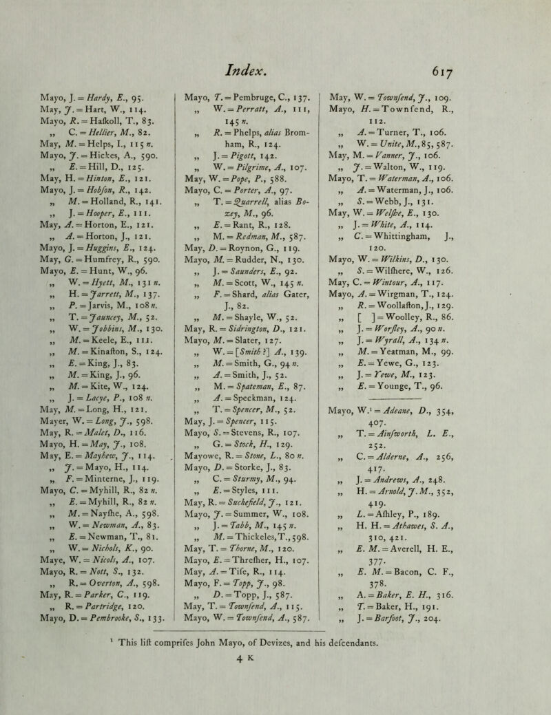 Mayo, J. = Hardy, E., 95. May, y. = Hart, W., 114.. Mayo, ^. = Ha(kolI, T., 83. ,, 0,. = Hellier, M., 82. May, M. = Helps, I., 115 n. Mayo, 7- = Hic!ces, A., 590. „ £. = Hill, D., 125. May, W.. = Hinton, E., 121. Mayo, — Hohfon, R., 142. „ M. = Holland, R., 141. „ J. = Hooper, E., ill. May, = Horton, E., 121. ,, = Horton, J., 121. Mayo, ]. = Huggins, E., 124. May, G. = Humfrey, R., 590. Mayo, £. = Hunt, W., 96. „ W. = Hyett, M., 131 «. „ H. =7<trr^>//, M., 137. „ /*.= Jarvis, M., io8w. „ 'Y. — Jauncey, M., 52. ,, W. = Jobbins, M., 130. „ M. = Keele, E., i U. ,, M. = Kinafton, S., 124. „ £. = King, J., 83. „ M. =King, J., 96. „ M. = Kite, W., 124. ,, J. = Lacye, P., 108 n. May, Af. =Long, H., 121. Mayer, W. = Long, J., 598, May, R. = Malet, D., 116. Mayo, a. — May, y., 108, May, E. = May hew, y., 114. J. = Mayo, H., 114. „ £. = Minterne, J., 119. Mayo, C. = Myhill, R., 82 «. „ £. = Myhill, R., 82 „ M. = Nayflie, A., 598. ,, W. = Newman, A., 83. ,, £. = Newman, T., 81. „ W. = Nichols, K., 90. Maye, W. — Ntco/s, A., 107. Mayo, K. = Nott, S., 132. ,, K. = Overton, A., 598. May, R. = Parker, C., 119. „ R. = Partridge, 120. Mayo, ~D. = Pembrooke, S., 133. Mayo, T”. = Pembruge, C., 137. ,, N. = Perratt, A., iii, 145 ». „ R. = Phelps, alias Brom- ham, R., 124. » 142. „ ^.= Pilgrime, A., 107. May, W.—Pope, P., 588. Mayo, C. = Porter, A., 97. „ T. = Jarrell, alias Bo- zey, M., 96. ,, £. = Rant, R., 128, ,, Ni. —Redman, M., May, D. = Roynon, G., 119. Mayo, M. = Rudder, N., 130. „ ]. = Saunders, E., 92. „ M. = Scott, W., 145 ,, F. = Shard, alias Gater, J., 82. ,, M. = Shayle, W., 52. May, R. = Sidrington, D., 121. Mayo, M. = Slater, 127. „ = a., 139. „ A/. = Smith, G., 94 «. „ A. = Smith, J., 52. „ M. = Spateman, E., 87. ,, = Speckman, 124. „ 'T.^Spencer, M., May, J. = Spencer, 115. Mayo, 5. = Stevens, R., 107. „ G. = Stock, H., 129. Mayowe, = Stone, L., 80 ». Mayo, Z). = Storke, J., 83. „ C. = Sturmy, M., 94. ,, E. = Styles, in. May, R. = Suchefield, y., 121. Mayo, 7. = Summer, W., 108. „ ].= Pabb,M., \\^n. ,, Af. = Thickeles,T.,598. May, T. = Thorne, M., 120. Mayo, £. = Threflier, H., 107. May, A. = 'T\it, R., 114. Mayo, F. = Topp, y., 98. „ D. = Topp, J., 587. May, T. = Townfend, A,, 115. Mayo, W. = Townfend, A., 587. May, W. = Townfend, y., 109. Mayo, ff. = Townfend, R., 112. ,, jZ. = Turner, T., 106. „ W. = Af.,85, 587. May, Ni. — Vanner, y., 106. >» 7. = Walton, W., 119. Mayo, T. = Waterman, A., 106. ,, = Waterman, J., 106. „ 5. = Webb, J., 131. May, W. = Welfhe, E., 130. „ J. = White, A., 114. ,, C. = Whittingham, J., 120. Mayo, W. = Wilkins, D., 130. „ 5. = Willhere, W., 126. May, C. = Wintour, A., 117. Mayo, .(Z. = Wirgman, T., 124. „ £. = Woollafton,}., 129. „ [ ] = Woolley, R., 86. „ ]. = Worp'j, A., ()on. „ J. = Wyrall, A., 134 n. ,, Af. = Yeatman, M., 99. „ £. = Yewe, G., 123. „ J. = Af., 123. ,, £. = Younge, T., 96. M.zjo,^.^ = Adeane, D., 354, 407. ,, T. = Ainfworth, L. E., 252. „ Q. = Alderne, A., 256, 417. ,, — Andrews, A., 248. „ H. = Arnold, y. Af., 352, 419. „ £. = Alhley, P., 189. ,, H. H. = Athawes, S. A., 310, 421. „ £. Af. = Averell, H. E., Ill- ,, E. Af. = Bacon, C. F., 378. „ A. = Baker, E. H., 316. „ T. = Baker, H., 191. „ ]. = Barfoot, y., 20^. ' This lift comprifes John Mayo, of Devizes, and his defcendants.