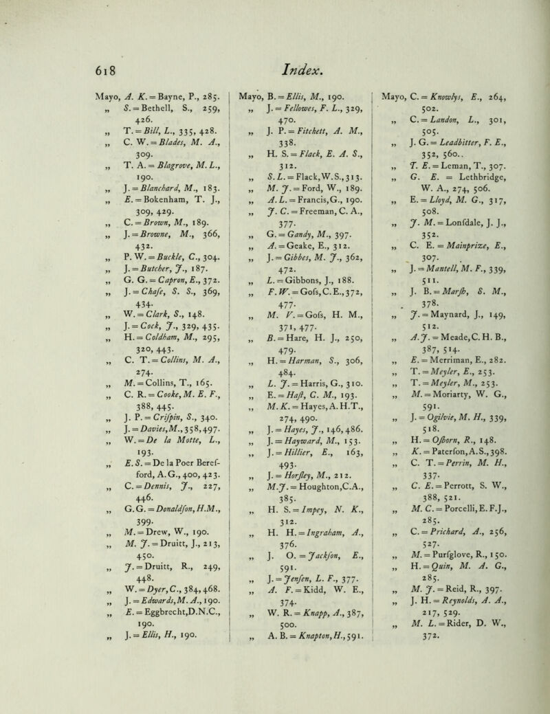 Mayo, A. Ai. = Bayne, P., 285. Mayo, 'B. = Ellis, M., 190. j „ 5. = Bethell, S., 259, „ J. = Fellowes, F. L., ^ic). 426. 470. „ T. = Rf//, I., 335, 428. ,, J. P. = Fitchett, A. M., „ C. W. = Blades, M. A., 338. 309- „ H. S. = Flack, E. A. S., „ T. A. = Blagrove, M. L., 312. 190. „ 5.Z,. = Flack,W.S.,3i3. ,, ]. = Blanchard, M., 183. „ M. 7- = Ford, W., 189. „ £. = Bokenham, T. J., „ L. = Francis,G., 190. 309, 429. „ 7-C. A., „ C. = Brown, M., 189. 377- „ ]. = Browne, M., 366, „ G. = Gandy, M., 2>97- 432. ,, A. = Gtakt, E., 312. „ P. W. = Buckle, C., 304. „ J. = Gibbes, M. J., 362, „ ]. = Butcher, J., 47 2_. i ,, G. G. = Capron, E.,‘i’jz. ,, Z. = Gibbons, J., 188. | „ ]. = Chafe, S. S., 369, „ /'.;r. = Gofs,C.E.,372, i 434- 477- ! ,, W. = Clark, S., 148. „ M. F. = Gok, H. M., „ = 7., 329, 435. 37L 477- ,, V{. = Coldham, M., 295, „ fi. = Hare, H. J., 250, 320, 443. 479- „ C. T. = Collins, M. A., „ H. = Harman, S., 306, 274. 484. „ M. = Collins, T., 165. „ Z. 7. = Harris, G., 310. ,, C. R. = Cooke, M. E, F., „ E. = HaJl, C. M., 19^. 388, 445. „ M. K. = Hayes, A. H.T., „ J. P. = Cri/>/«, 5., 340. 274, 490. „ J. = Z)^s'w,M.,358,497. „ ]. = Hayes, y., 14.6,^86. „ W. = De la Motte, L., „ }. = Hayward, M., 1^^. 193- „ ]. = Hillier, E., 163, „ £, 5. = De la Poer Beref- 493- ford, A. G., 400, 423. „ ]. = HorJIey, M., 2\2. „ C. = Dennis, J., 227, „ M-7. = Houghton,C.A., 446. 385- „ G.G. = Donaldfon,H.M., „ H. S. = Impey, N. K., 399- 312. „ M. = Drew, W., 190. „ H. Fi. = Ingraham, A., : „ M. 7- = Druitt, J., 213, 376. i 450. » J- 0. = yackfon, E., „ 7. = Druitt, R., 249, S9«- 448. „ ]. = yenfen, L. F., -iTJ. ,, W. = Dy^r,C., 384,468. „ A. F. = Kidd, W. E., „ ].= Edwards,M. A., i()o. 374- ' „ £. = Eggbrecht,D.N.C., „ Vd.K. = Knapp,A.,i8-], \ 190. 500. „ ]. = Ellis, H., \()0. „ A.'B. = Knapton,H.,<^91. \ Mayo, C. = Knowlys, E., 264, 502. C. = Landon, L., 301, 505. J. G. = Leadbitter, F. E., 352, 560.. T. E. = Leman, T., 307. G. E. = Lethbridge, W. A., 274, 506. E. = L/oyd, M. G., 317, 508. y. M. = Lonfdale, J. J., 352- C. E. = Mainprize, E., . 307- J. = Mantell, M. F., 339, 511. J. = S. M., 378- 7. = Maynard, J., 149, 512. ^.7. = Meade,C.H.B., 387, 5H- E. — Merriman, E., 282. T. = Meyler, E., 253. T. = Meyler, M., 253. M. = Moriarty, W. G., 591. ].==Opihie,M. H., 339, 518. Yi. = OJborn, E., 148. K. = Paterfon,A.S., 398. C. T. = Perrin, M. H., 337- C. E. = Perrott, S. W., 388, 521. M. C. = Porcelli, E. F.J., 285. = Prichard, A., 256, 527- M. = Purfglove, R., 150. Fi. = Quin, M. A. G,, 285. M. 7. = Reid, R., 397. J. 11. = Reynolds, A. A., 217, 529. M. L. = Rider, D. W., 372. 99
