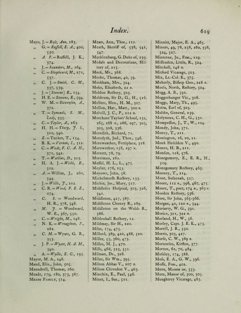 Mayo, ]. = Rofe, Ann, 183. „ G. = Rujfell, E. A., 400, 530. „ A. /'. = RuflelI, J. K., 374- „ Saunders, M., 164. „ C. = Shepheard, M., 271, 537- „ C. J. = Smith, C. M., 337, 539- „ ].= {Stevens'] B., „ H. E. = Stevens, E., 594. „ W. M..= Stevenfon, A., 372- „ T. = Symonds, S. M., Lady, 335. „ 0..= Taylor, A., 263. „ H. Thorp, J. S., 310, 540. „ £. = Tucker, T., 154. „ B. Yi. = Fernon, I., 312. „ C. = Wade, F. C. A. H., 371, 542- „ 'T. = Watkins, D., 323. „ H. A. ]. = Webb, R., 312. „ A. = Willim, J., 260, 544- „ ]. = Willis, y., 212. „ C. R. = Wood, F. E. E., 274. „ C. S. — Woodward, H. R., 378, 548. ,, M. y. = Woodward, W. E., 367, 550. „ Q.—Wright, M., 148. „ N. 1L. = Wroughton, F., 282. ,, C. M. = Wyatt, G. R., 353- „ J. P. = Wyatt, H. A. M., 340. „ A. = Wyllie, E. G., 193. Mayor, M. A., 246. Maud, Eliz., John, 505. Maundrell, Thomas, 160. Meade, 179, 180, 373, 387. Meade Family, 514. Mears, Ann, Thos., in. Meath, Sheriff of, 538, 541, 547- Mecklenburg, G. Duke of, 239. I Medals and Decorations, Hif- tory of, 215. ; Meek, Mr., 368. i Meeke, Thomas, 40, 59. I Meekham, Mrs., 324. Meke, Elizabeth, 22 n. ; Meldon Reftory, 503. Meldrum, Sir D., G., H., 516. ; Mellers, Hen., H. M., 307. { Mellon, Har., Matt., 300 n. Melvill, J. C., P., 212 n. Merchant Taylors’School, 132, , 265, 268 «., 286, 297, 303, ; 305. 308, 336. Meredith, Richard, 71. Meredyth, Jud., Thos., 546. Mereweather, Fettiplace, 318. I Merewether, 158, 197 n. Merrett, 78, 79. Merriman, 282. Meffel, H. L., L., 475. Meyler, 176, 253. Meyowe, John, 58. Michelmerfh Reftory, 133. Michie, Jas., Mary, 517. Middlefex Hofpital, 303, 326, 341- Middleton, 427, 587. Middleton Cheney R., 289. Middleton on the Wolds R., 386. Mildenhall Rehkory, 12. Mildmay, Sir H., 220. Miles, 174, 475. Millard, 389, 420, 488, 520. Miller, 53, 360, 473. Milles, M. J., 470. Mills, 468, 523, 551. Milman, Dr., 326. Milne, Sir Wm., 395. Milton Abbas V., 207 n. Milton Clevedon V., 463. Minchin, E., Paul, 546. Minet, I., Sus., 5 11. j Minnitt, Major, E. A., 465. I Minors, 49, 78, 258, 262, 356, 524. 527- Minterne, Jn., Fras., 119. ! Milfenden, Little, R., 524. i Mitchell, 148 n, I Mitford Vicarage, 503. Mix, Lt.-Col. E., 373. I Moberly, Bifhop Geo., 228 n. I Moels, North, Reftory, 504. Mogg, A. B., 591. Moggerhanger Vic., 316. Moggs, Mary, Th., 495. Moira, Earl of, 303. Moltke, General, 239. Molyneux, C. H., G., 531. i Mompelfon, J., T., W., 104. J Mondy, John, 571. i Money, T., 211. 1 Monington, 16, 20, 21. Monk Hefelden V., 490. Monro, H. B., 211. ! ! Monfon, 128, 576. I Montgomery, E., E. R., H., I 519- ; Montgomery Reftory, 463. j Mooney, T., 214. j Moor, Sufannah, 527. I Moore, 112 »., 396, 467, 475. I Moore, T., poet, 174 n., 363 n. j Morden Reftory, 536. j More, Sir John, 565-566. j Morgan, 40, 120 »., 544. Moriarty, W. G., 591. I Morice, 321, 322 ». j Morland, H., W., 56. j Morley, Capt. J. E. K., 475. i Morrill, J. R., 550. : Morris, 303, 427. I Morfe, C. W., 389 n. I Mortenfen, Kirften, 377. Morton, 62, 70, 484. i Mofeley, 174, 588. I Mofs, E. A., G. W., 596. ' Molfe, F'ras., 402. Mote, Manor of, 553. Mote, Manor of, 300, 305. ! Moughtrey Vicarage, 463.