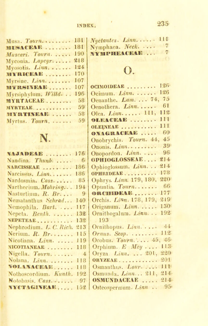Musa. Teum MFSACEAE Mu scari. Toitrn Myconia. Lapeyr. Myosotis. Linit HVIIKIAE Myrsine. Linn tlYRSIXEAE Myrsiphylum. JVittd■ . . MYRTACEAE MYRTEAE ?! V SITI A'EAE Myrtus. Tourn. ....... N. VAJAHEAE Nandi na. TUunb. NARCISSEAE Narcissus. Linn. ...... Nardosmia. Cass. ..... Narthecium. Mohring.. . Nasturtium. R. Br. ... Nematanthus Schra/l... Nemophila. Bart Nepeta. Benth NEPETEAE Nephrodium. L C. Hich. Nerium. R. Br Nicotiana. Linn NICOTIANEAE Nigella. Toitrn Nolana. Linn VOLIXACEAE Nolhoscordium. Kuntli. Nolobnsis. Canti WtTAGIVEAE Nyctantes. Linn 11 1 Nymphaea. Neck ~ XV11I’HlA(Eli: ... 7 o. OC1MOIDEAE 12(5 Ocimum. Linn 126 Oenanthe. Linn. ... 74, 75 Oenolhera. Linn 61 Olea. Linn 111> 112 OIEACEAE 111 OLEJNEAE 111 OAAGKACEAE 60 Onobrychis. Tourn. 44, 45 Ononis. Linn 39 Onopordon. Linn. .... 96 OPHIOGLOSSEAE 214 Ophioglossum. Linn. . . 214 OPIIRIDEAE 1711 Ophrys. Linn. 179, 180, 220 Opuntia. Tourn 66 «onrmDEAE 177 Orchis. Linn. 178, 179, 219 Origanum. Linn 130 Ornithogalum. Linn. . . 192- 193 Ornilhopus. Linn 44 Ornus. Scop 112 Qrobus. Tourn.'.... -15, 46 Orphium. E Mey .... 113 Oryza. Linn. ... 201, 220 ORYZEAE 201 Osmanthus. I.oitr 111' Osmimda. Linn... 211, 214 OSMUNDACEAE 214 Osteospermum. Linn .. 95 181 181 190 218 124 170 107 107 196 58 59 58 59 176 6 186 186 85 194 9 140 117 132 132 213 I 15 119 118 4 118 I 18 192 97 152