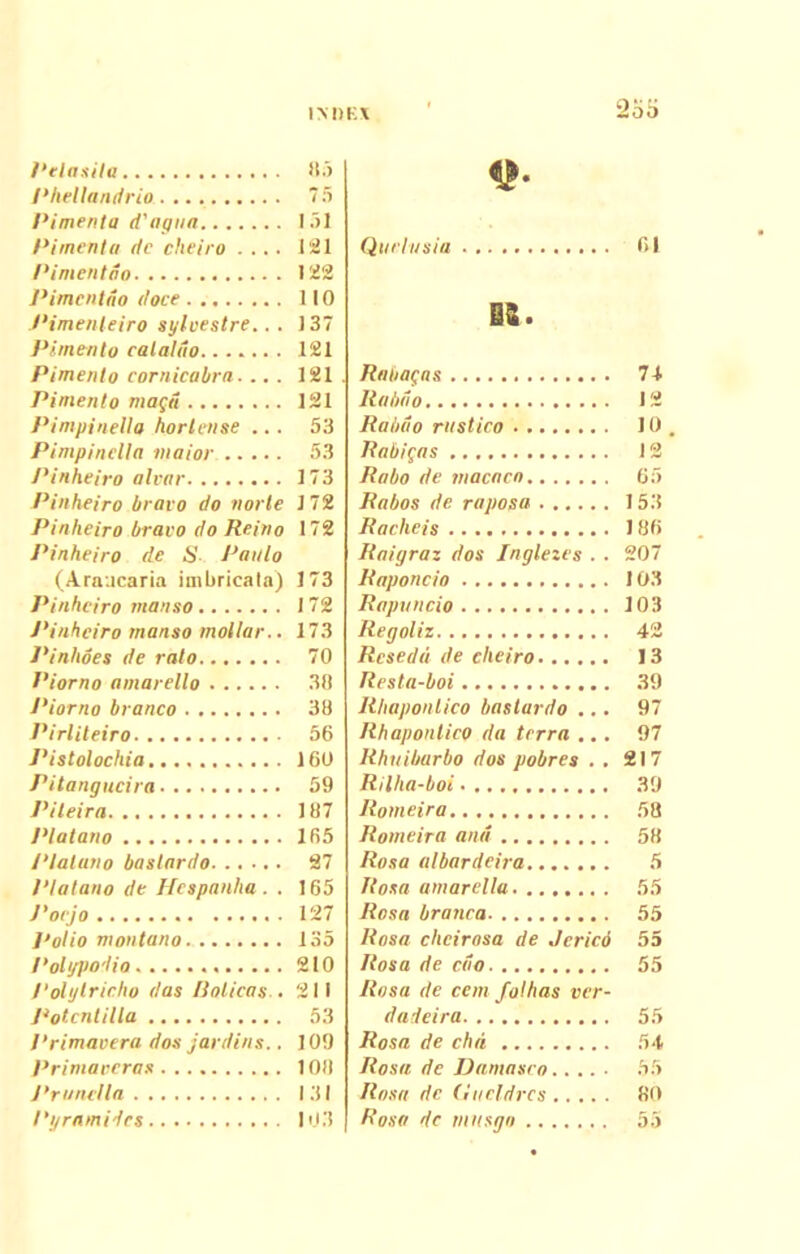 IM)K\ 2oo Pelasita Phellandrio Pimenta d'agna Pimenta de cheiru .... Pimentdo Pimentdo doce Pimenteiro syhestre... Pimento calaldo....... Pimento cornicabra.... Pimento magd Pimpinello hortense ... Pimpinclla maior Pinheiro alvar Pinheiro bravo do norte Pinheiro bravo do Reino Pinheiro de S Paulo (Araacaria imbricata) Pinheiro manso JRnhciro manso moliar.. Pinhoes de rato Piorno amarello Piorno branco Pirliteiro 1'istolochia Pitangucira 1'ileira Platano /‘talario baslardo Plalano de Hcspanha . . Poejo Polio montano PoUjpodio Polytricho das Italicas.. Potcntilla Primavera dos jardins.. J,rimaccras Prunella Pyramides Queiusia P>1 os. Rnbaqas 7 i Rabii 12 Rabiio rustico 10. Rabidas 12 Rabo de macncn 65 Rabos de raposa 15.‘5 Raclieis 166 Raigraz dos Inglezes . . 207 Raponcio 103 Rapuncio 103 Regoliz 42 Resedit de cheiro 13 Resta-boi 39 Rhaponlico baslardo ... 97 Rhaponlico da terra ... 97 Rhuibarbo dos pobres . . 217 Rilha-boi. 39 Romeira 53 Romeira and 58 Rosa albardeira 5 Rosa amarella 55 Rosa branca 55 Rosa chcirosa de Jericd 55 Rosa de edo 55 Rosa de cem folhas ver- dadeira 55 Rosa de chd 54 Rosa de Damasco 55 Rosa de Gucldrcs 80 Rosa de ntusgo 55 85 75 151 121 122 110 137 121 121 121 53 53 173 J 72 172 173 172 173 70 38 38 56 160 59 187 165 27 165 127 135 210 211 53 109 108 131 103