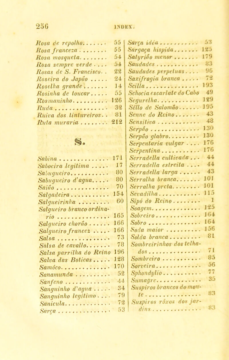 Rosa de repolho Rosa franceza Rosu mosqucla Rosa scmprc verde .... Rosas de S. Francisco. ■ Roseira do Japuo Roselha grande i, Rosinha dc loucar Rosmaninlw Ruda Ruica dos lintureiros. . Ruta muraria Sabina Sabocira legitima Sabugueiro Sabugueiro d'agua Saiiio Salgadeira Salgueirinha Salgueiro branco ordina- rio Salgueiro chordo Salgueiro francez Salsa Salsa de cavallo Salsa parrilha do Reino Salva das Boticas Samoco Sanamiinda Sanfeno Sanguinho d'agua Sangninlio legitimo . .. • Stlnicula Sarra Sarqa idea 53 Sargara hispida 125 Satyriao menor 1*9 Saudades 83 Saudades perpetuas.... 90 Saxifragia branca 72 Scilla 193 Schociaescarlate do Cabo 49 Scgurellta 129 Se Ilo de Salomuo 195 Senne do Reino 43 Sensitiva 48 Serpdo 130 Serpdo glabro 130 Scrpentaria vulgar .... 176 Serpentina 176 Scrradella cultivada ... 44 Serradella estreila .... 44 Serradella larga 43 Serralha branca 101 Serrallia prela 101 Sevadilha 115 Sipo do Reino 1 Soagem 125 Sobreiro 164 Sobro 164 Soda maior 136 Solda branca 81 Sombreirinlios dos telha- dos 1 Sombrciro 85 Sorveira 36 Sphondylio 77 Sumagrc 33 Suspiras brancos do mon- te 83 Suspiros rixos dos jar- riins 83 55 55 54 54 22 24 14 55 126 32 81 212 171 17 80 80 70 154 60 165 166 166 73 78 196 128 170 52 44 34 79 72 53